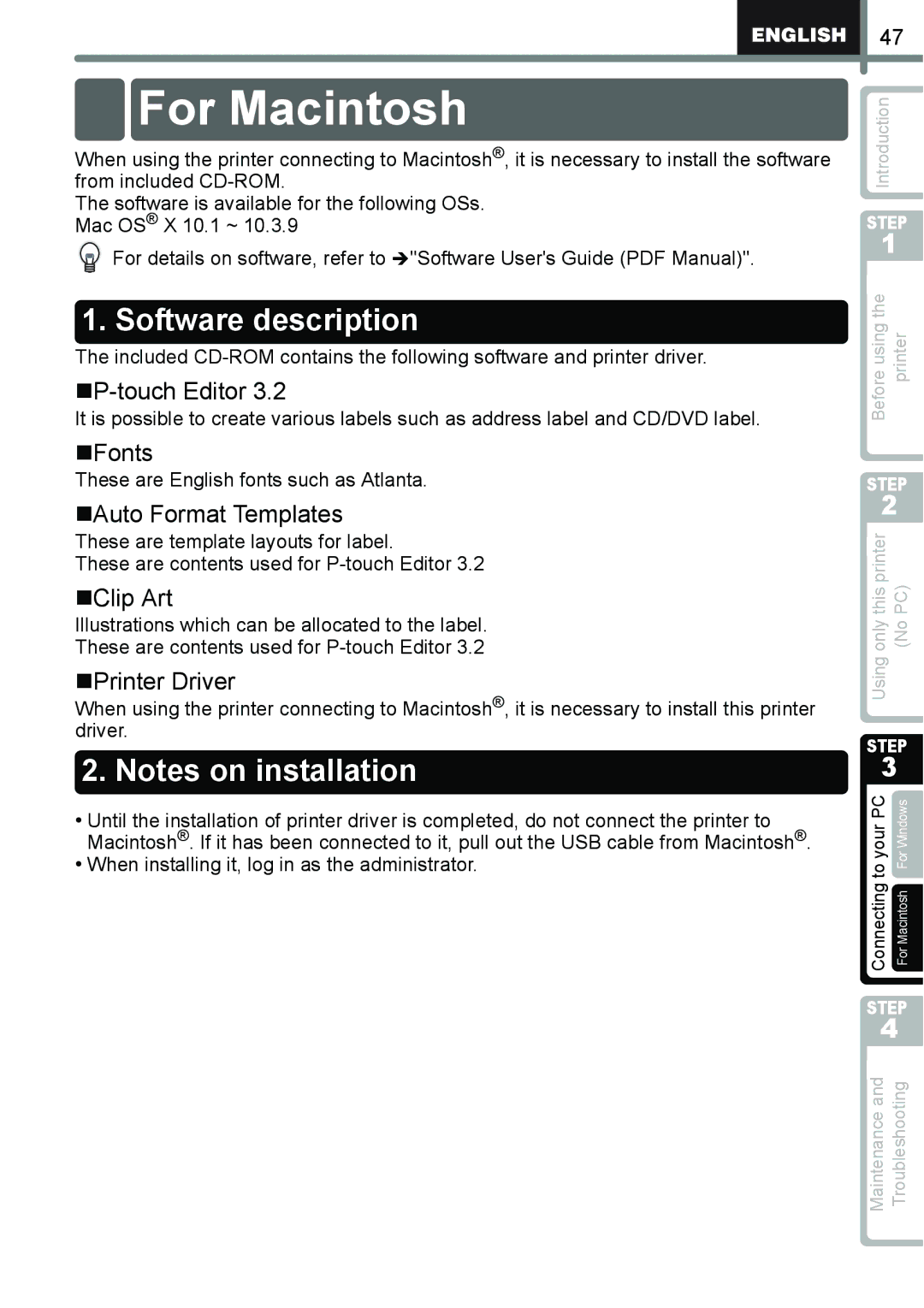 Brother QL-650TD manual For Macintosh, „Fonts, „Auto Format Templates, „Clip Art 