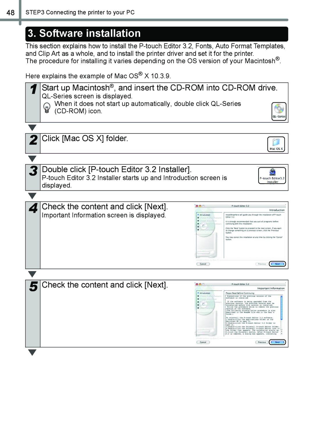 Brother QL-650TD manual Software installation, Start up Macintosh, and insert the CD-ROM into CD-ROM drive 