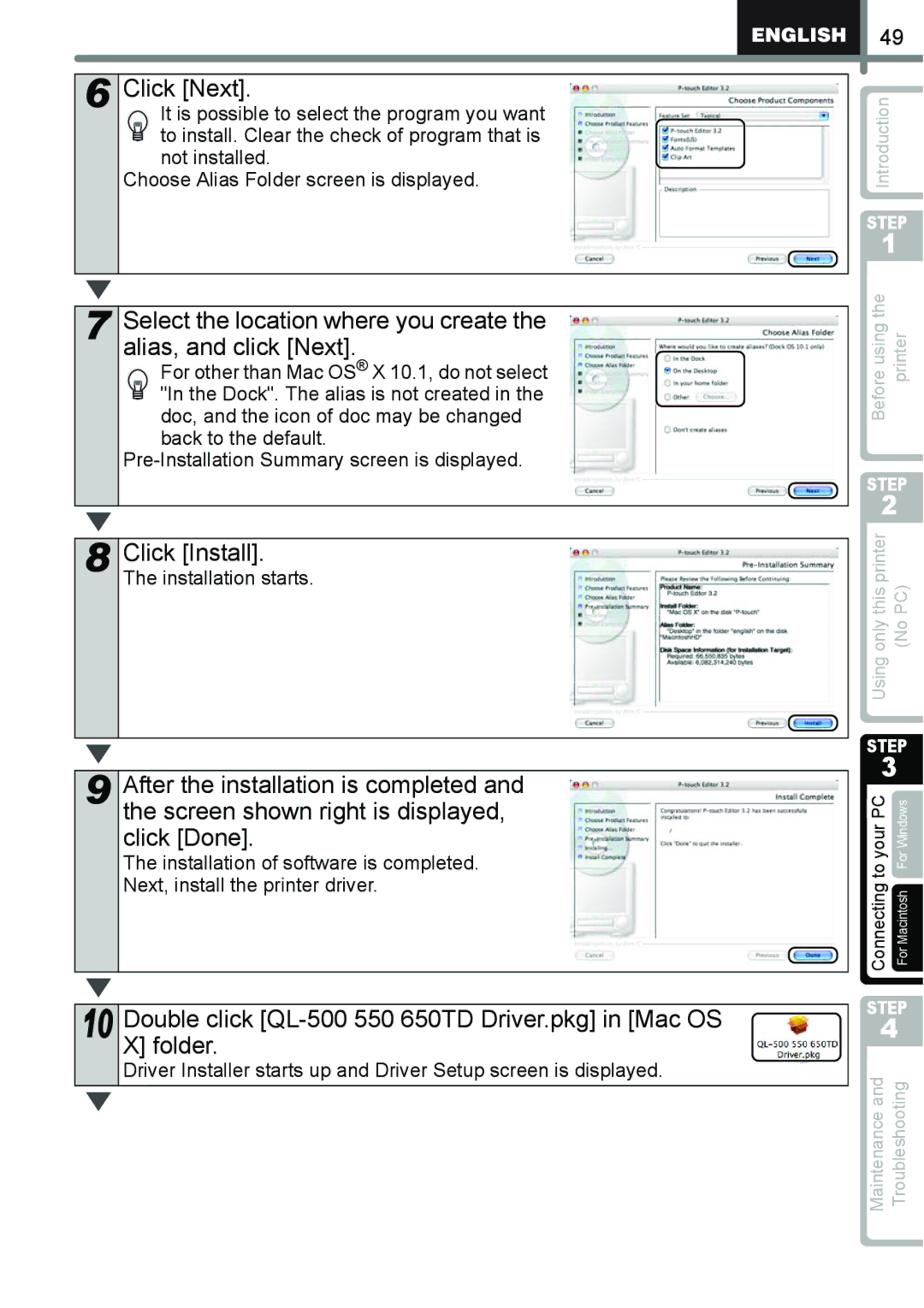 Brother QL-650TD manual Click Install, Double click QL-500 550 650TD Driver.pkg in Mac OS X folder, Not installed 