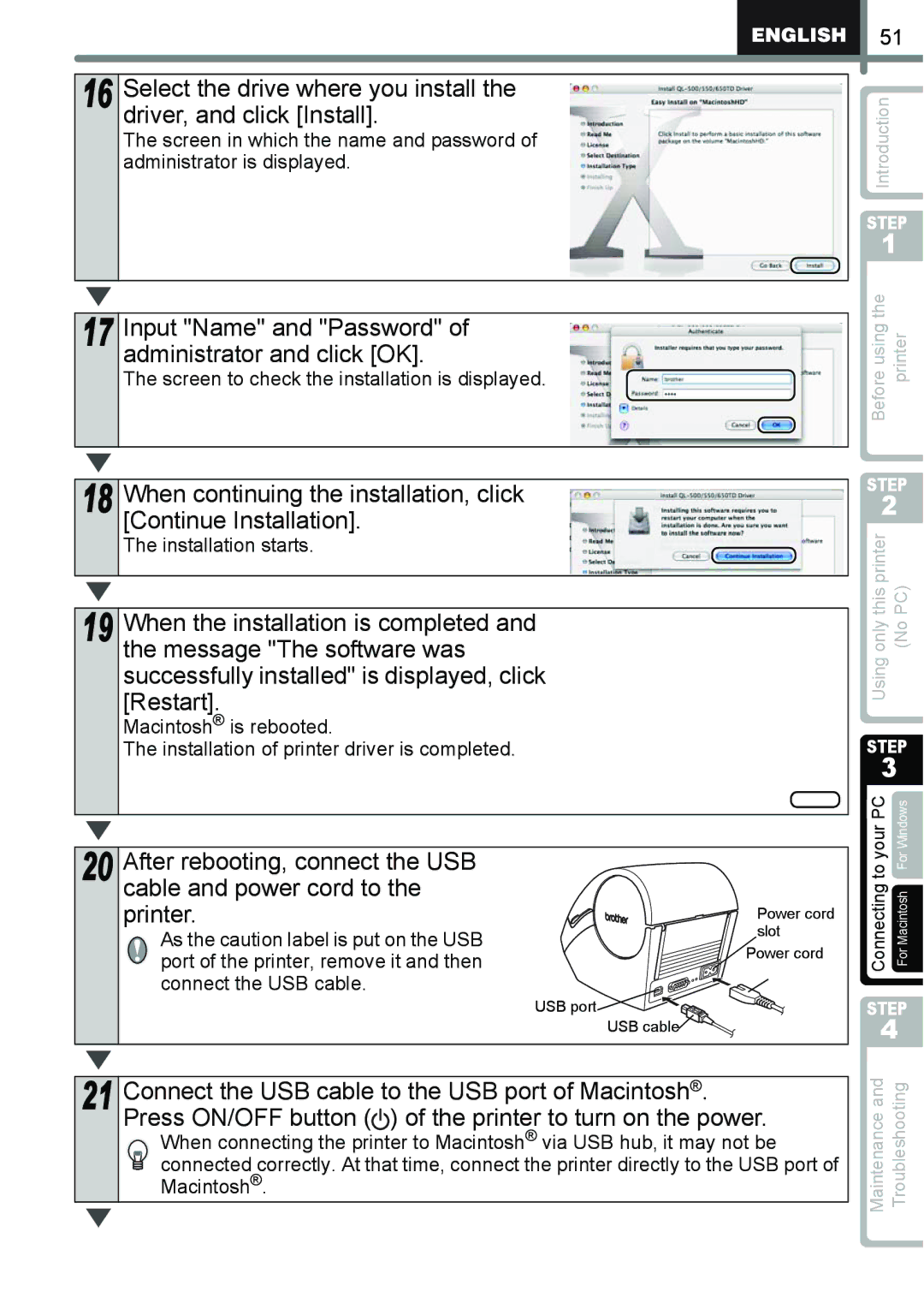 Brother QL-650TD manual Input Name and Password Administrator and click OK, Screen to check the installation is displayed 