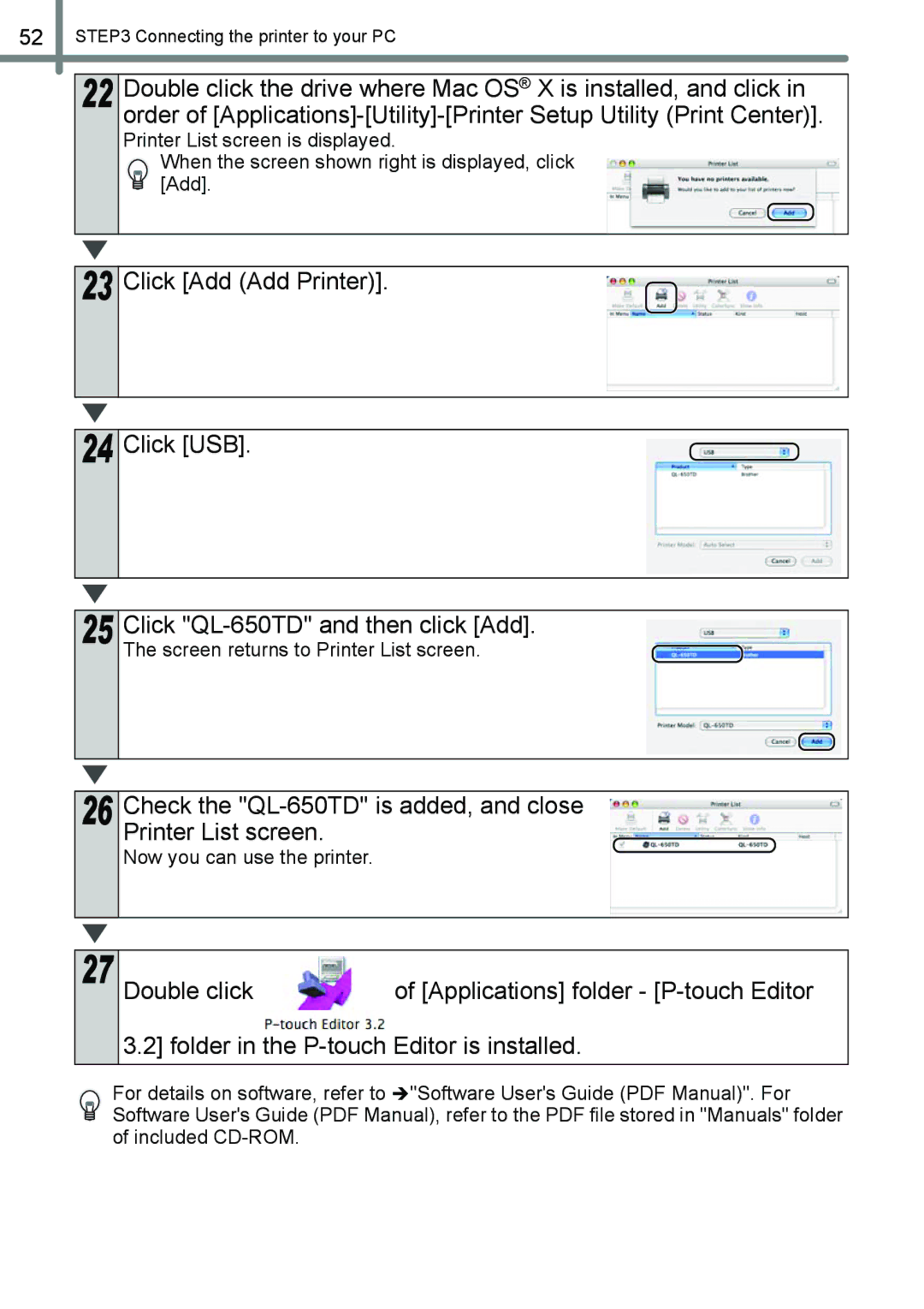 Brother manual Check the QL-650TD is added, and close Printer List screen, Screen returns to Printer List screen 