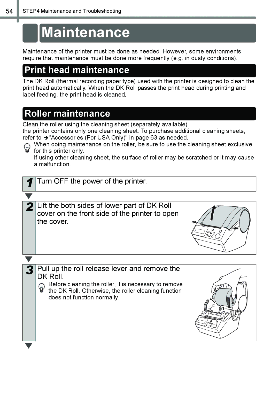 Brother QL-650TD manual Maintenance, Print head maintenance, Roller maintenance 