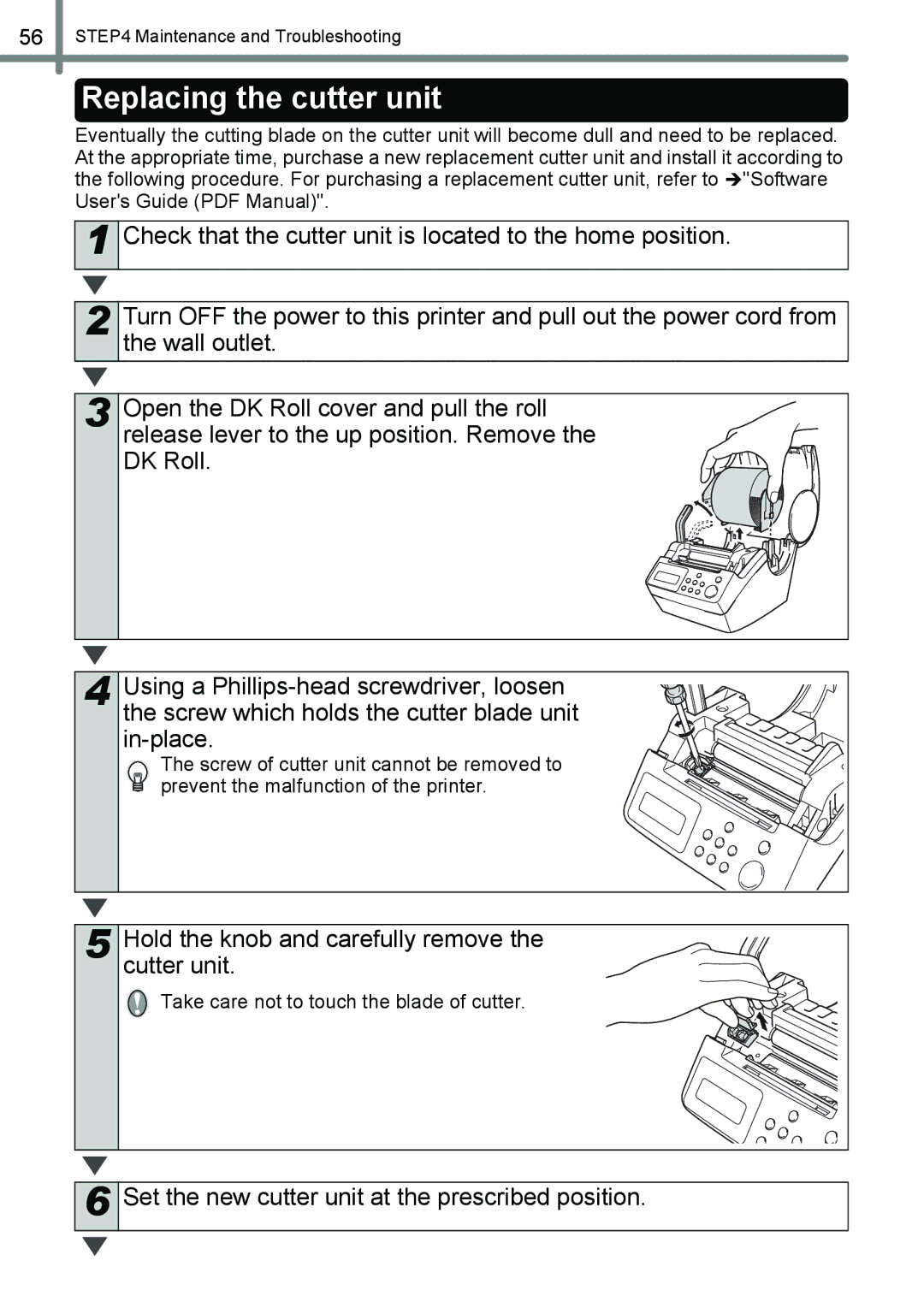 Brother QL-650TD manual Replacing the cutter unit, Hold the knob and carefully remove the cutter unit 