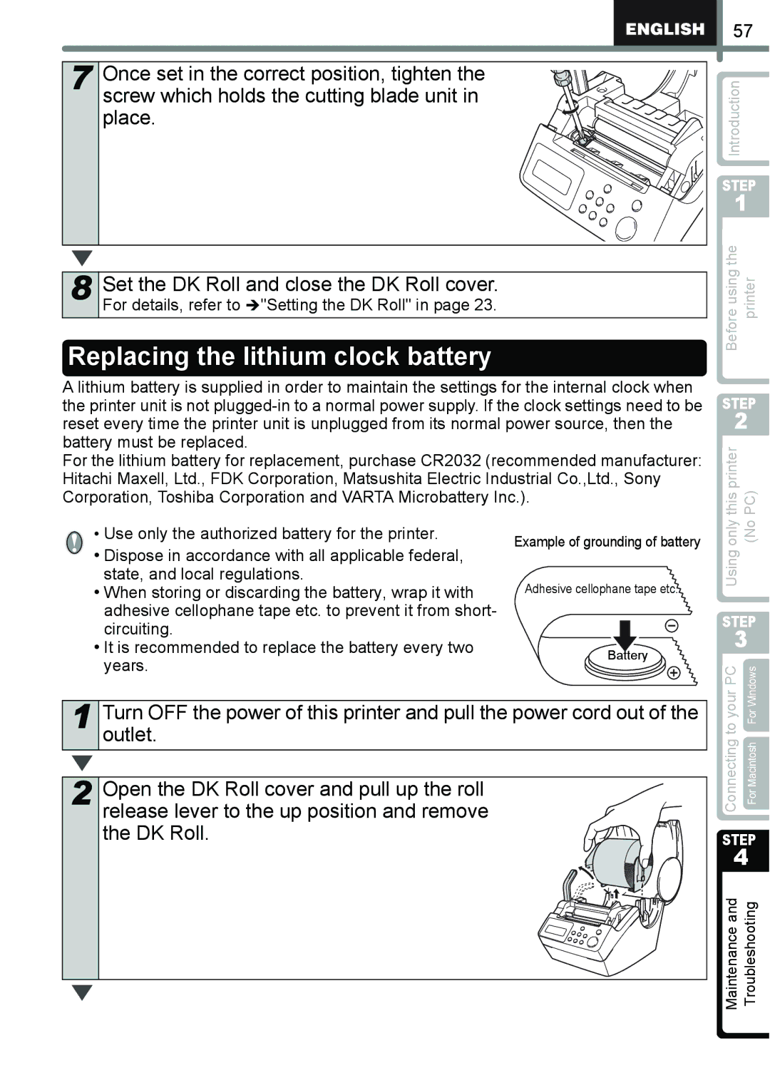 Brother QL-650TD manual Replacing the lithium clock battery 