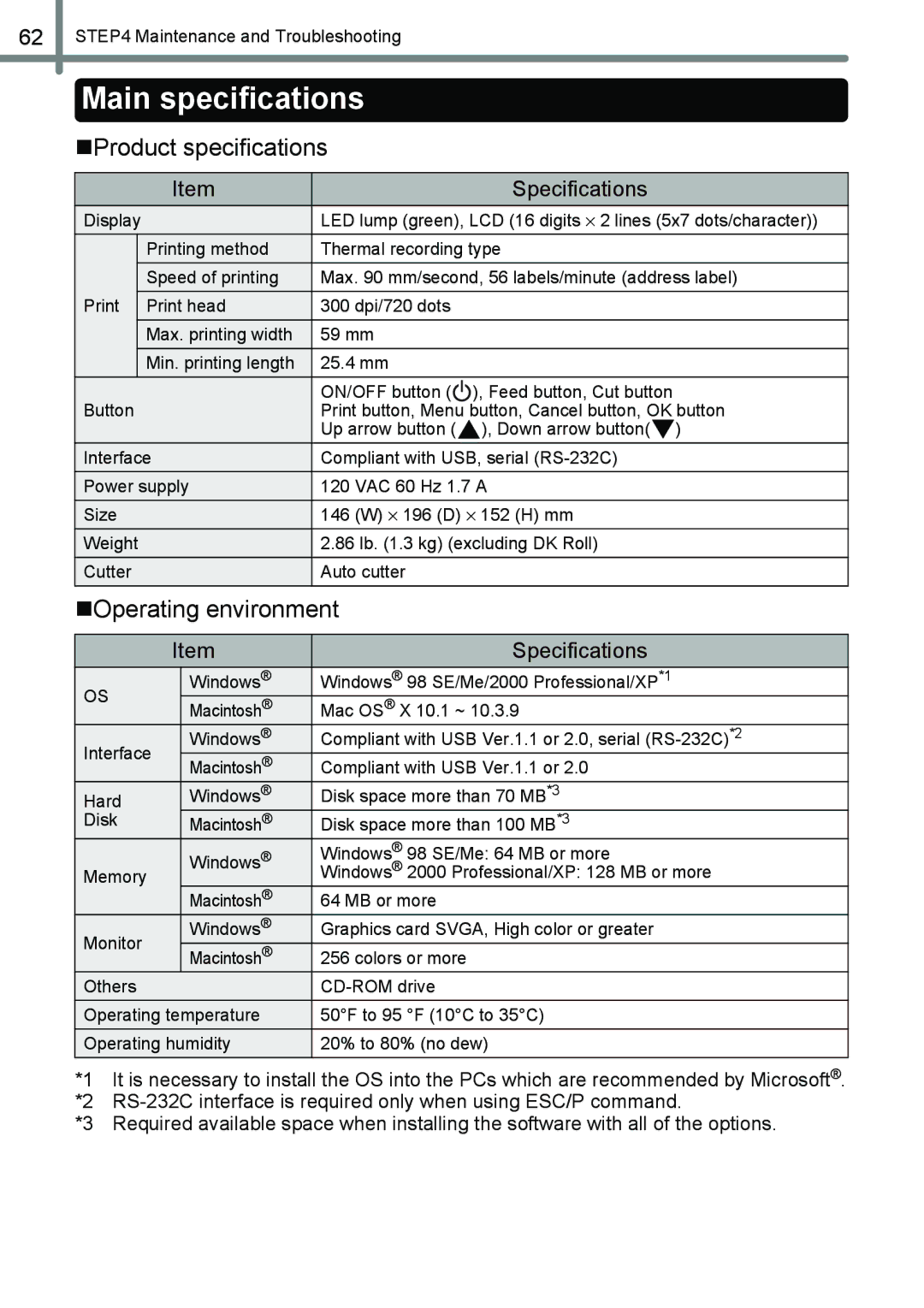 Brother QL-650TD manual Main specifications, „Product specifications, „Operating environment, Specifications 