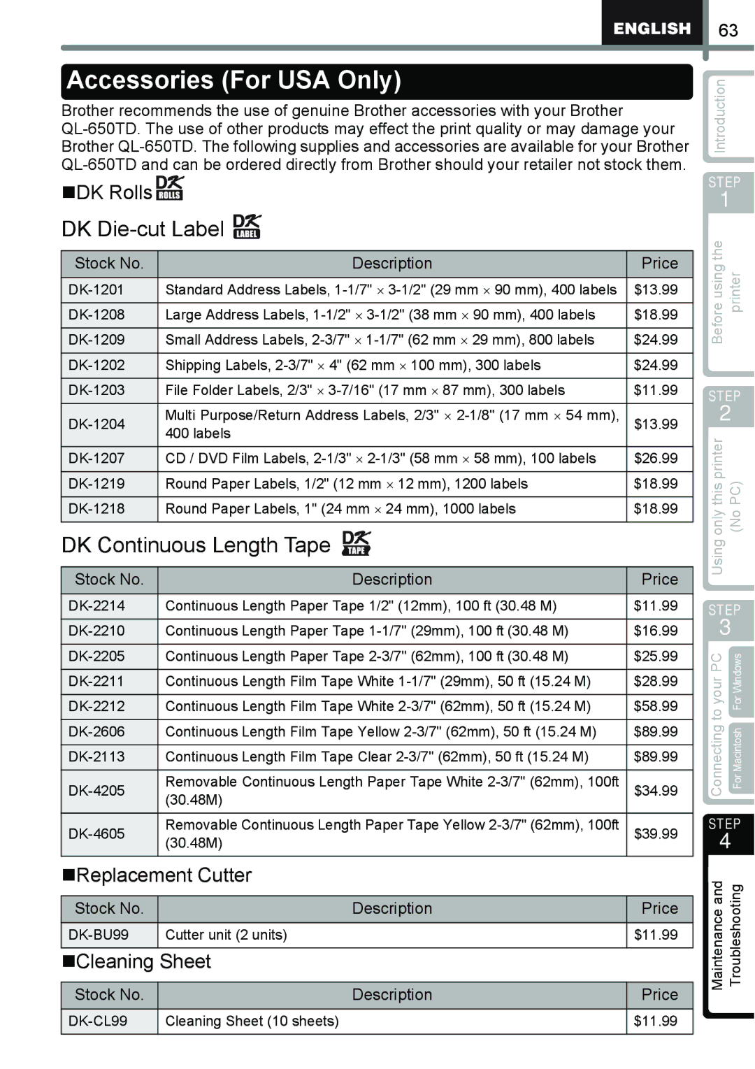 Brother QL-650TD Accessories For USA Only, „DK Rolls, „Replacement Cutter, „Cleaning Sheet, Stock No Description Price 