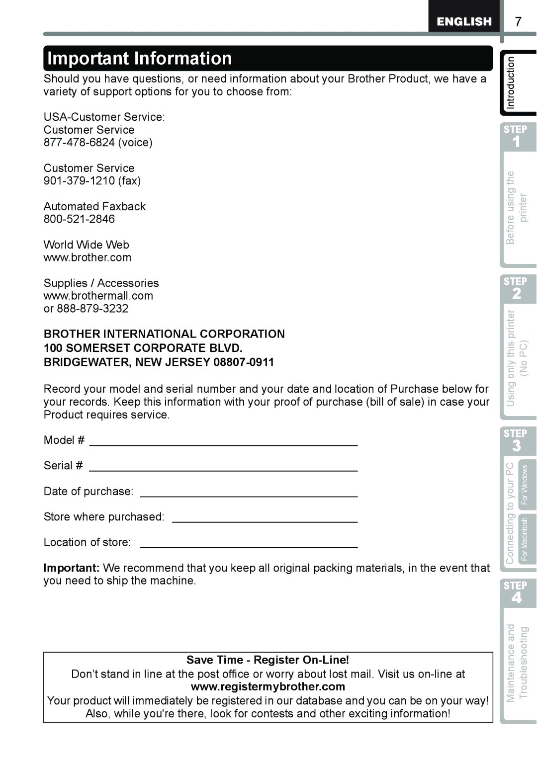 Brother QL-650TD manual Important Information, Save Time Register On-Line 