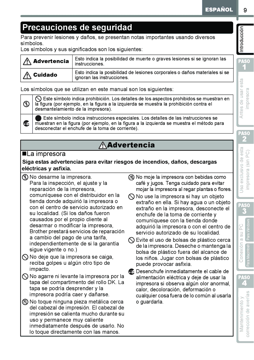 Brother QL-650TD manual Precauciones de seguridad, „La impresora, Advertencia, Cuidado 