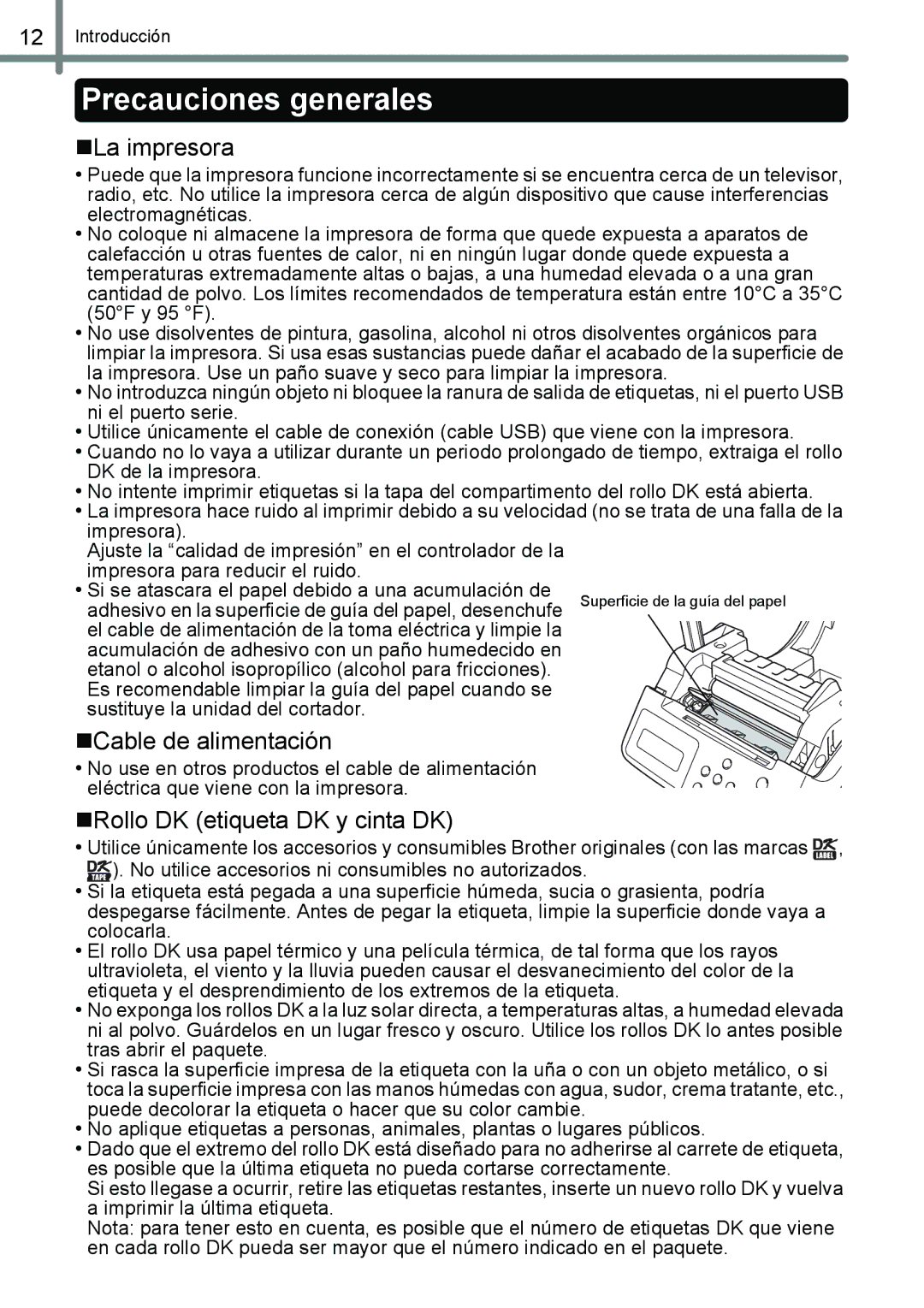 Brother QL-650TD manual Precauciones generales 