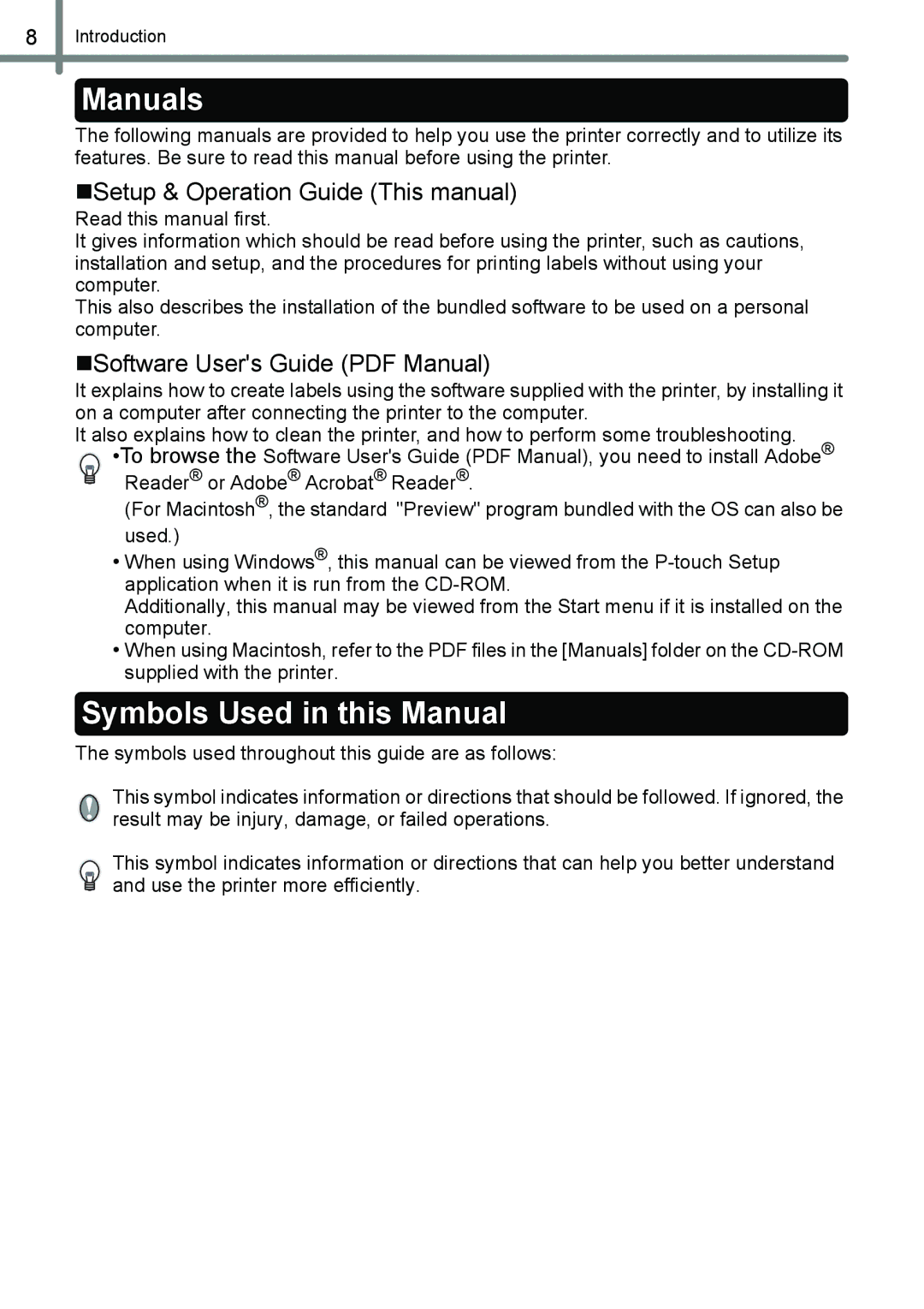 Brother QL-650TD Manuals, Symbols Used in this Manual, „Setup & Operation Guide This manual 