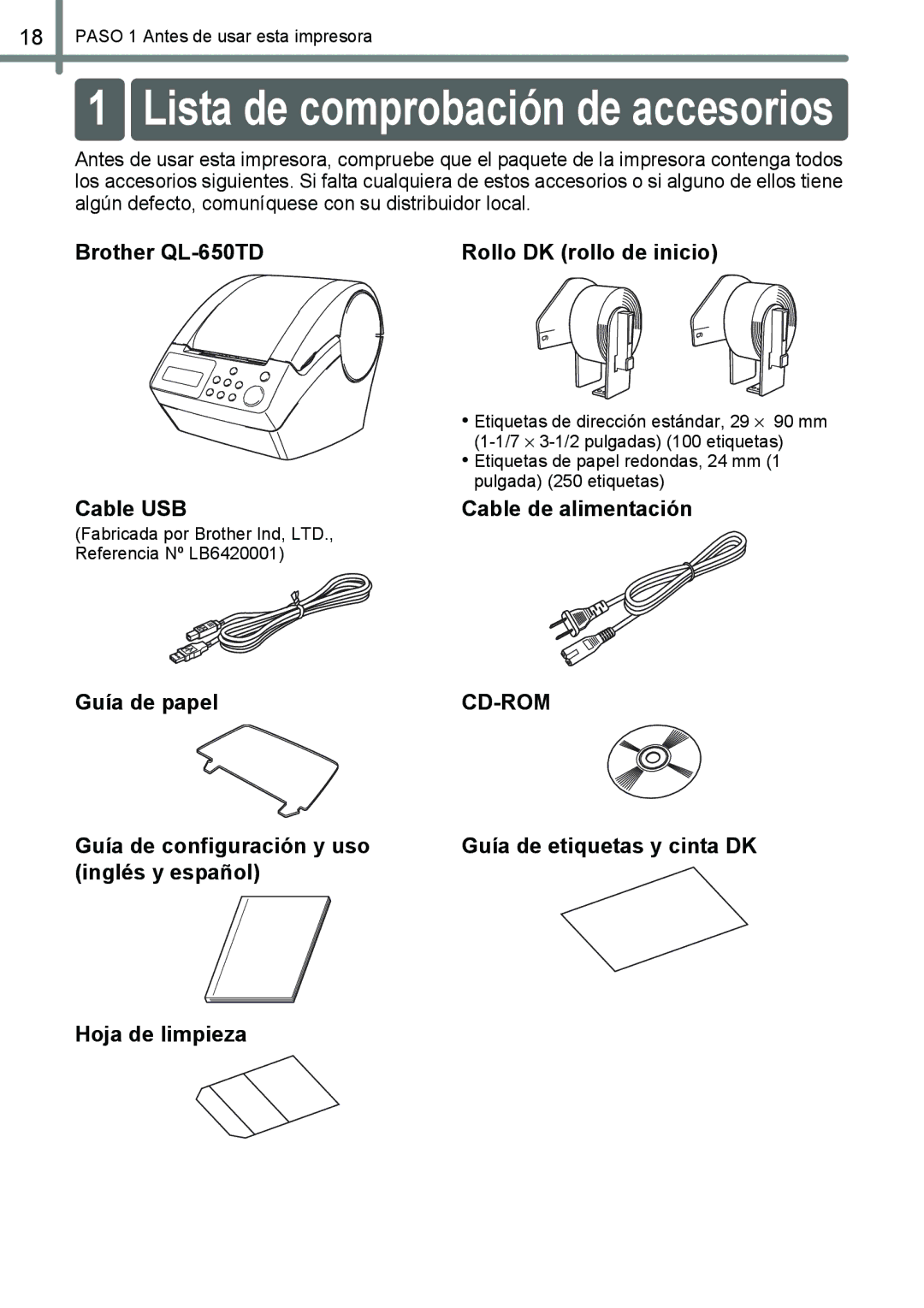 Brother QL-650TD manual Lista de comprobación de accesorios, Guía de etiquetas y cinta DK 