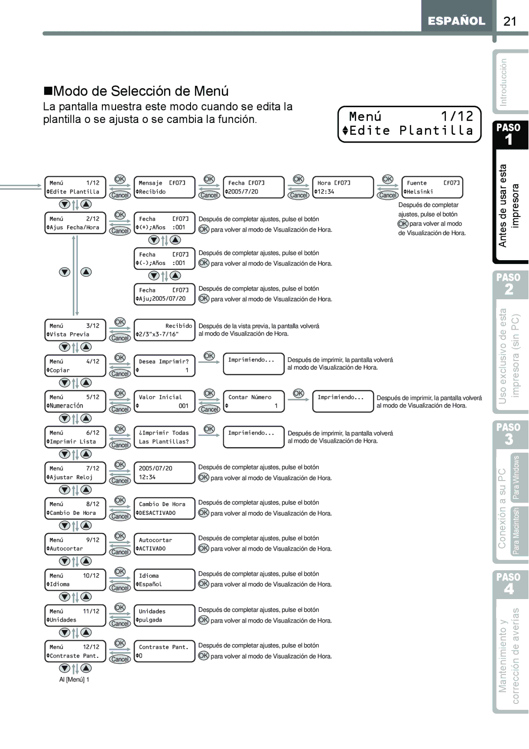 Brother QL-650TD manual „Modo de Selección de Menú, Edite Plantilla, La pantalla muestra este modo cuando se edita la 