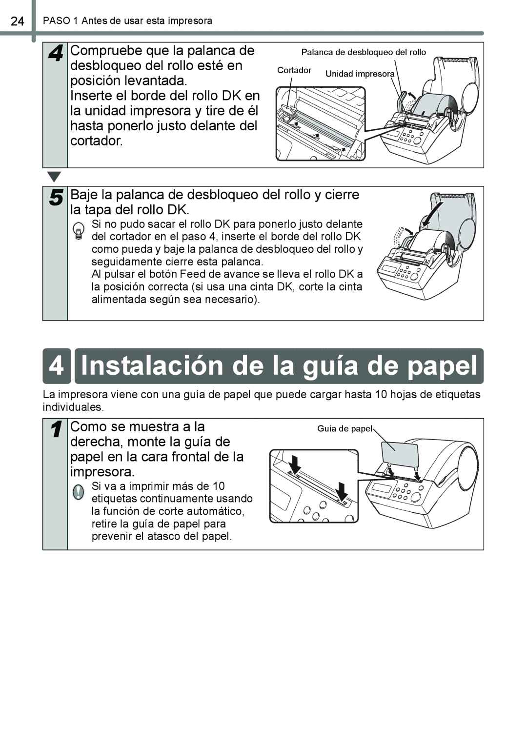 Brother QL-650TD manual Instalación de la guía de papel 