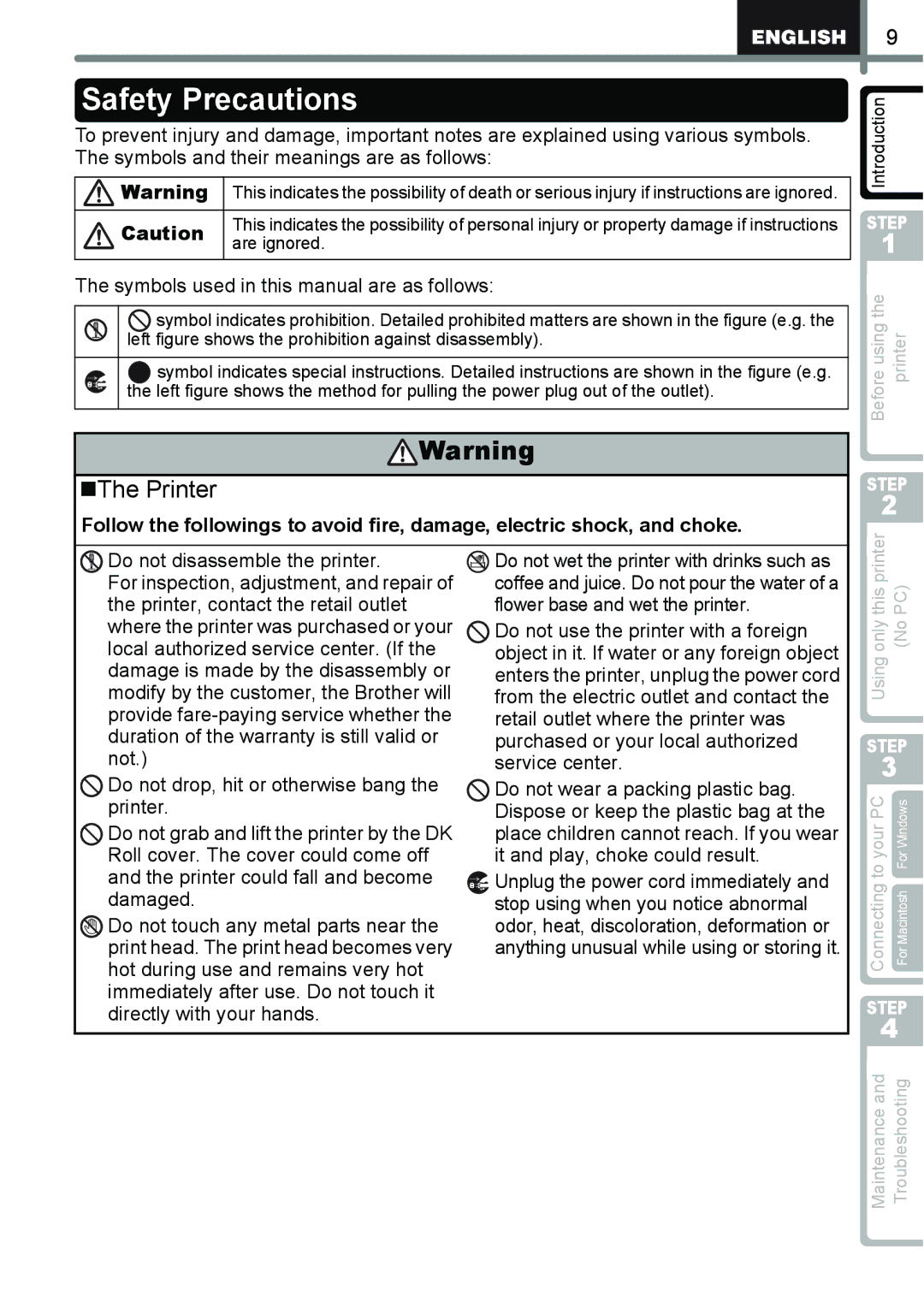 Brother QL-650TD Safety Precautions, „The Printer, Symbols used in this manual are as follows 