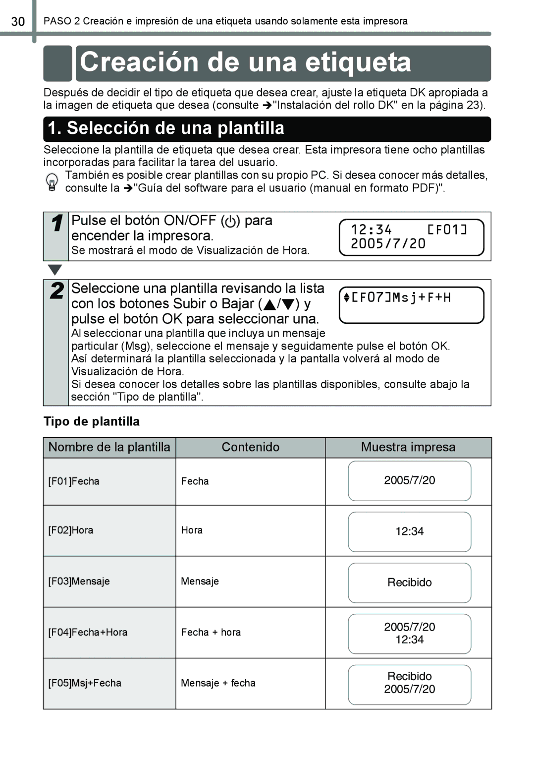 Brother QL-650TD Creación de una etiqueta, Selección de una plantilla, Nombre de la plantilla Contenido Muestra impresa 