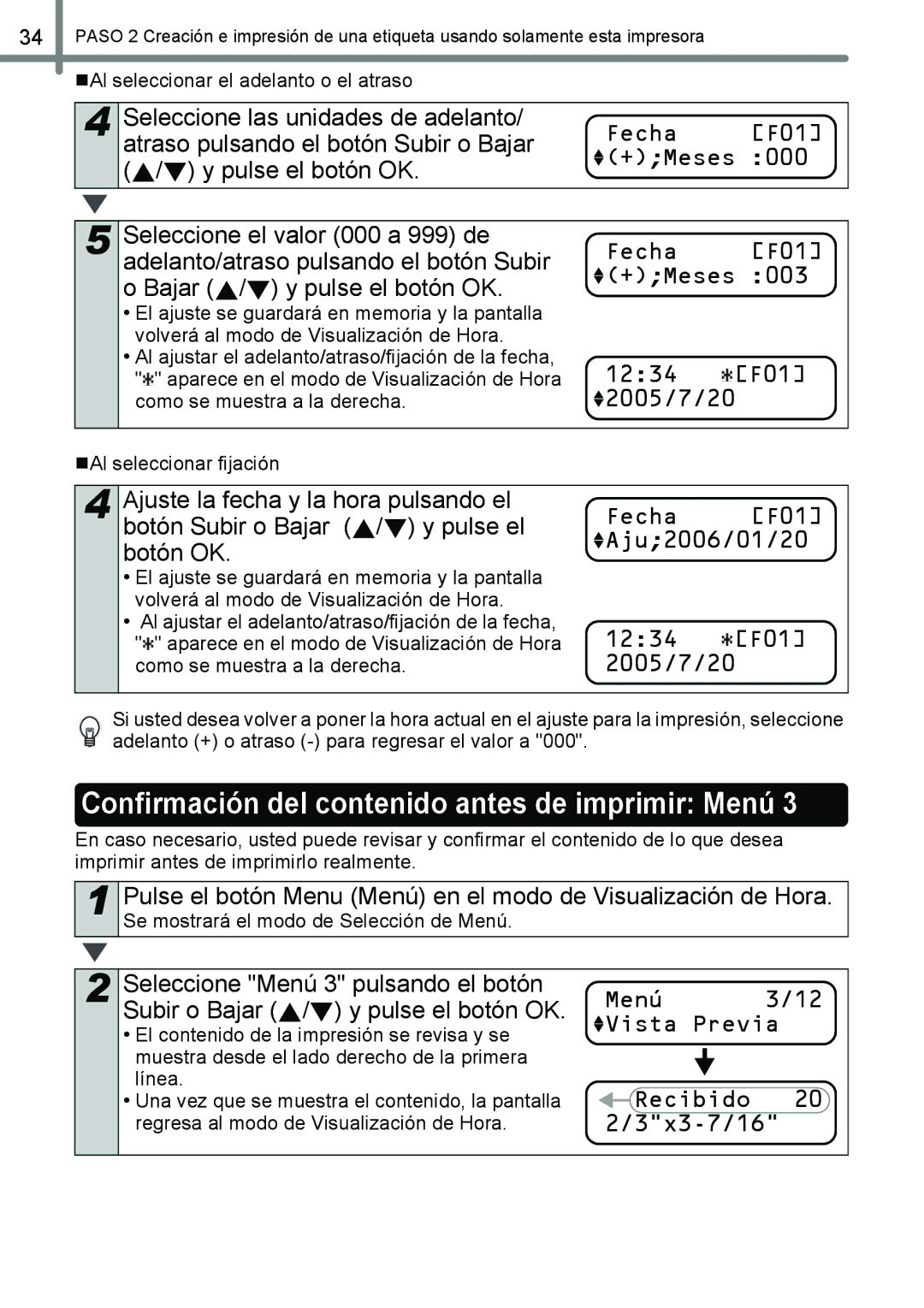 Brother QL-650TD manual Confirmación del contenido antes de imprimir Menú, 1234 F01, Menú Vista Previa Recibido 3x3-7/16 