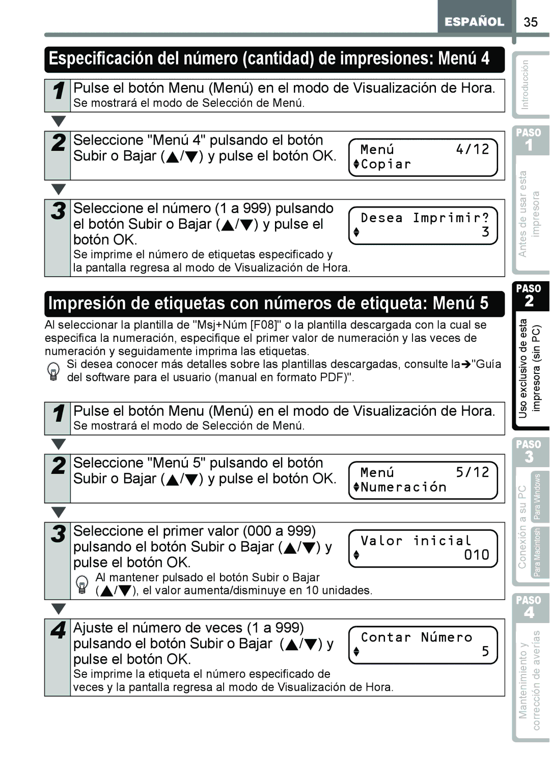 Brother QL-650TD manual Impresión de etiquetas con números de etiqueta Menú 