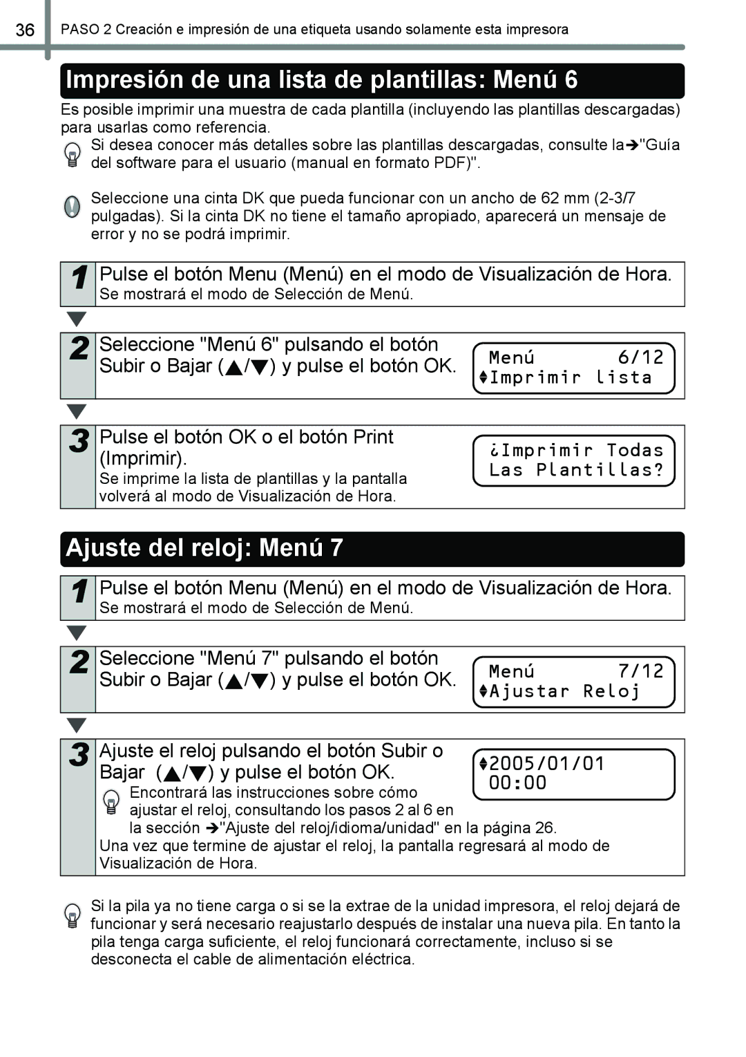 Brother QL-650TD manual Impresión de una lista de plantillas Menú, Ajuste del reloj Menú, ¿Imprimir Todas Las Plantillas? 