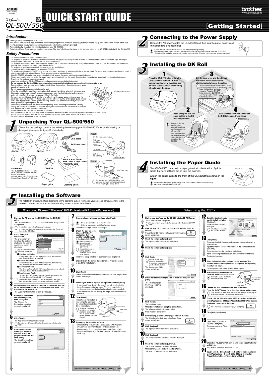 Brother QL-series quick start Unpacking Your QL-500/550, Connecting to the Power Supply, Installing the DK Roll 