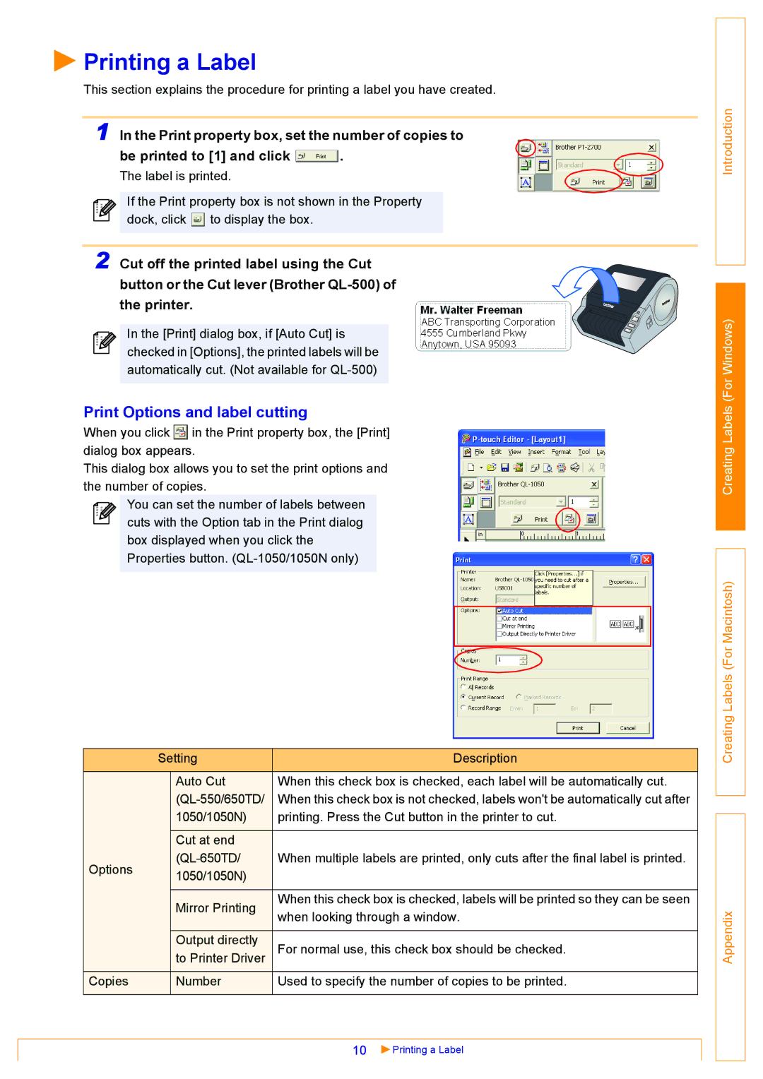 Brother QL500 manual Printing a Label, Print Options and label cutting 