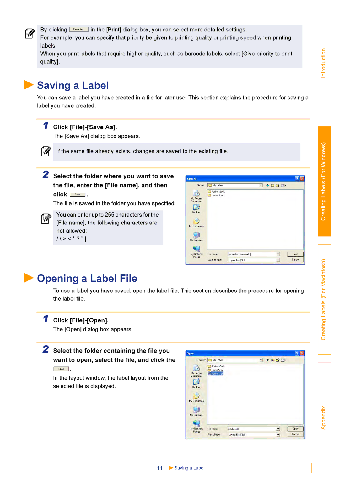 Brother QL500 manual Saving a Label, Opening a Label File, Click File-Save As, Click File-Open 