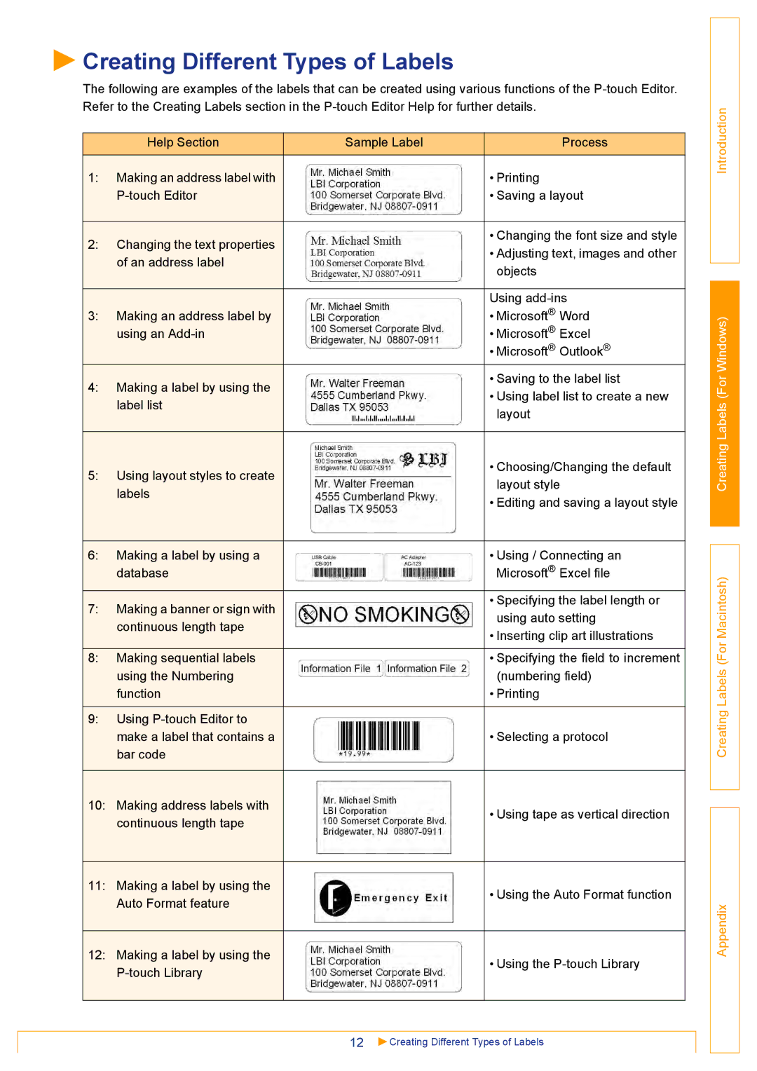 Brother QL500 manual Creating Different Types of Labels 