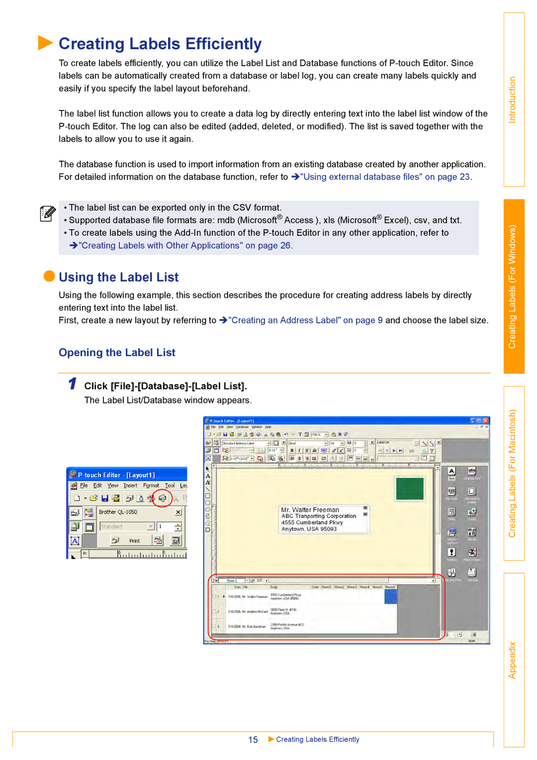 Brother QL500 Creating Labels Efficiently, Using the Label List, Opening the Label List, Click File-Database-Label List 