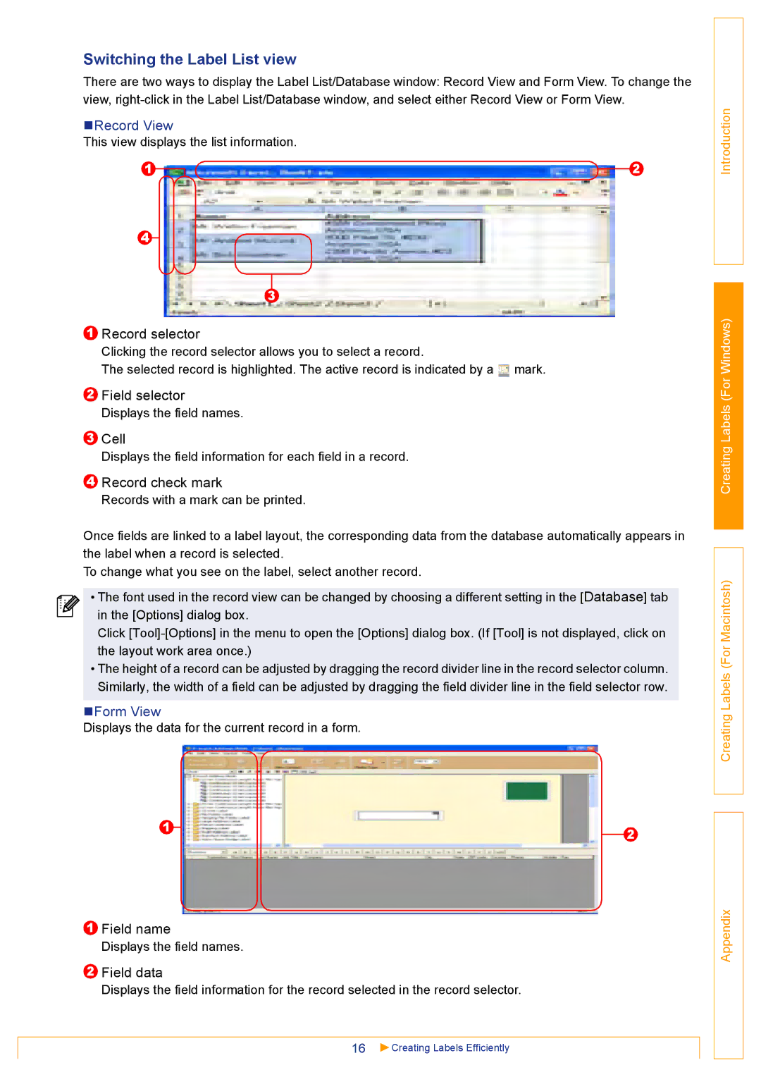 Brother QL500 manual Switching the Label List view, „Record View, „Form View 