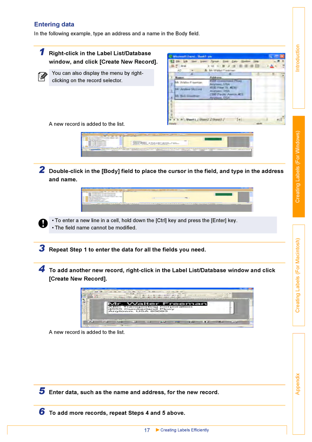 Brother QL500 manual Entering data 