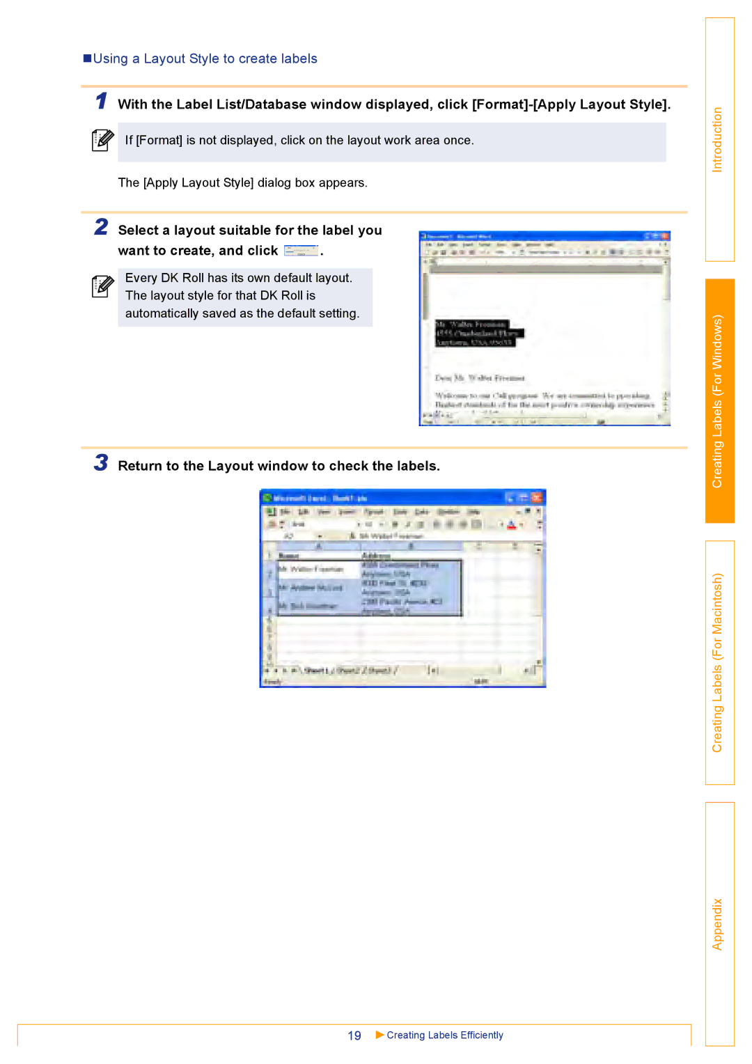 Brother QL500 manual „Using a Layout Style to create labels, Return to the Layout window to check the labels 