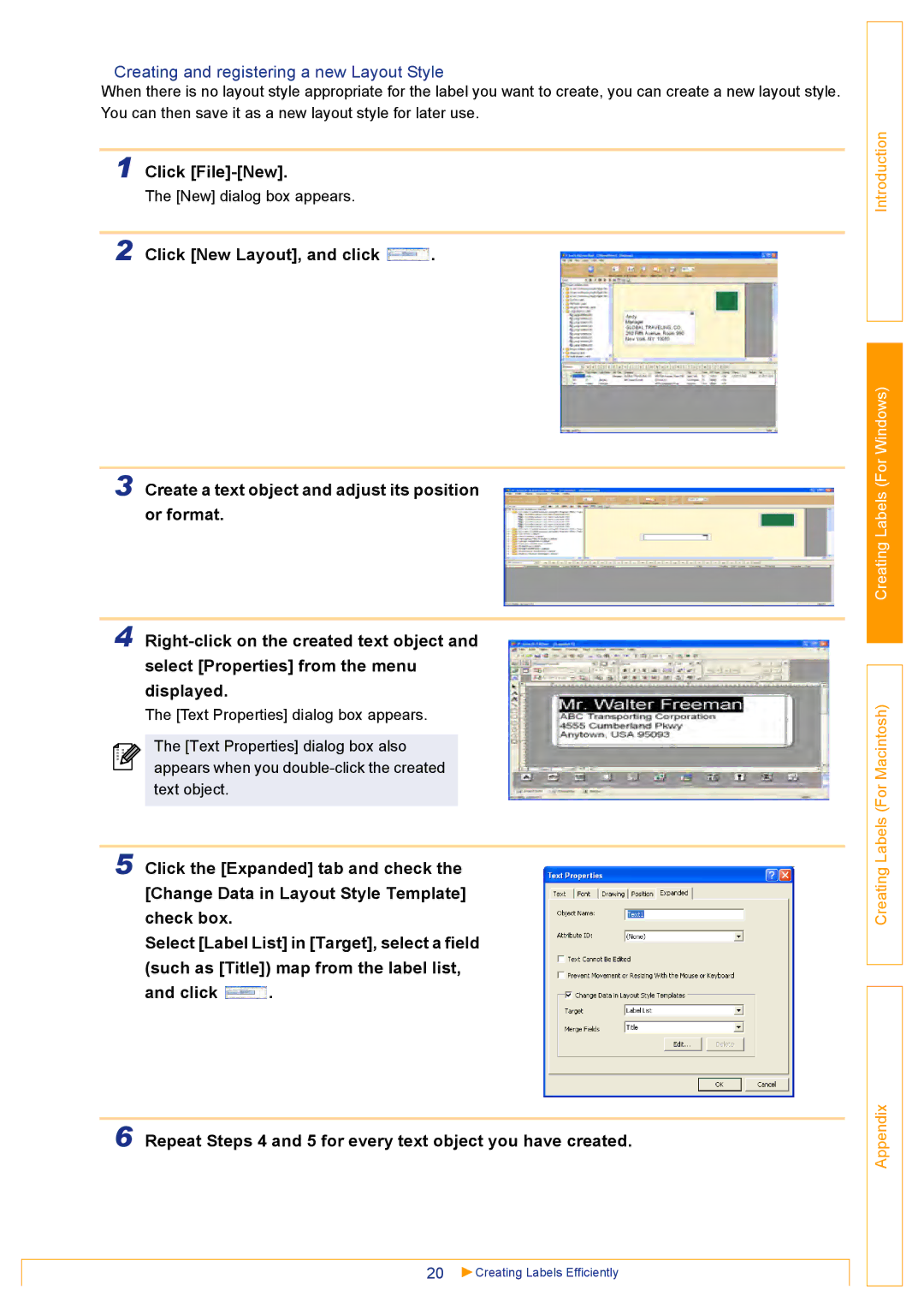 Brother QL500 manual „Creating and registering a new Layout Style, Click File-New 