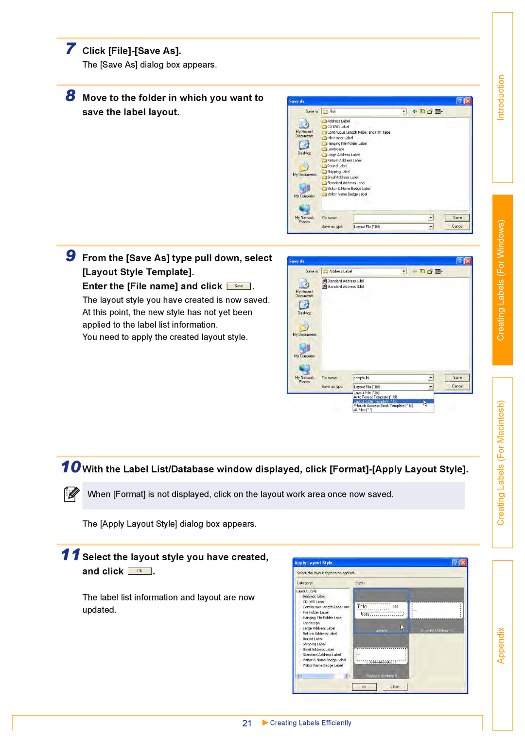 Brother QL500 manual Click File-Save As, 11Select the layout style you have created Click 