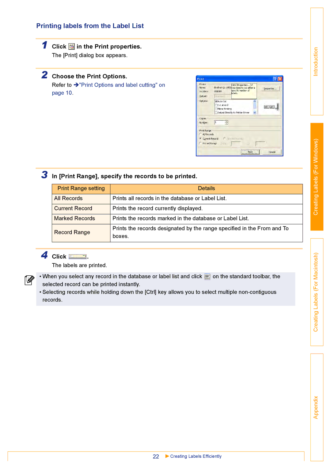 Brother QL500 manual Printing labels from the Label List, Click in the Print properties, Choose the Print Options 