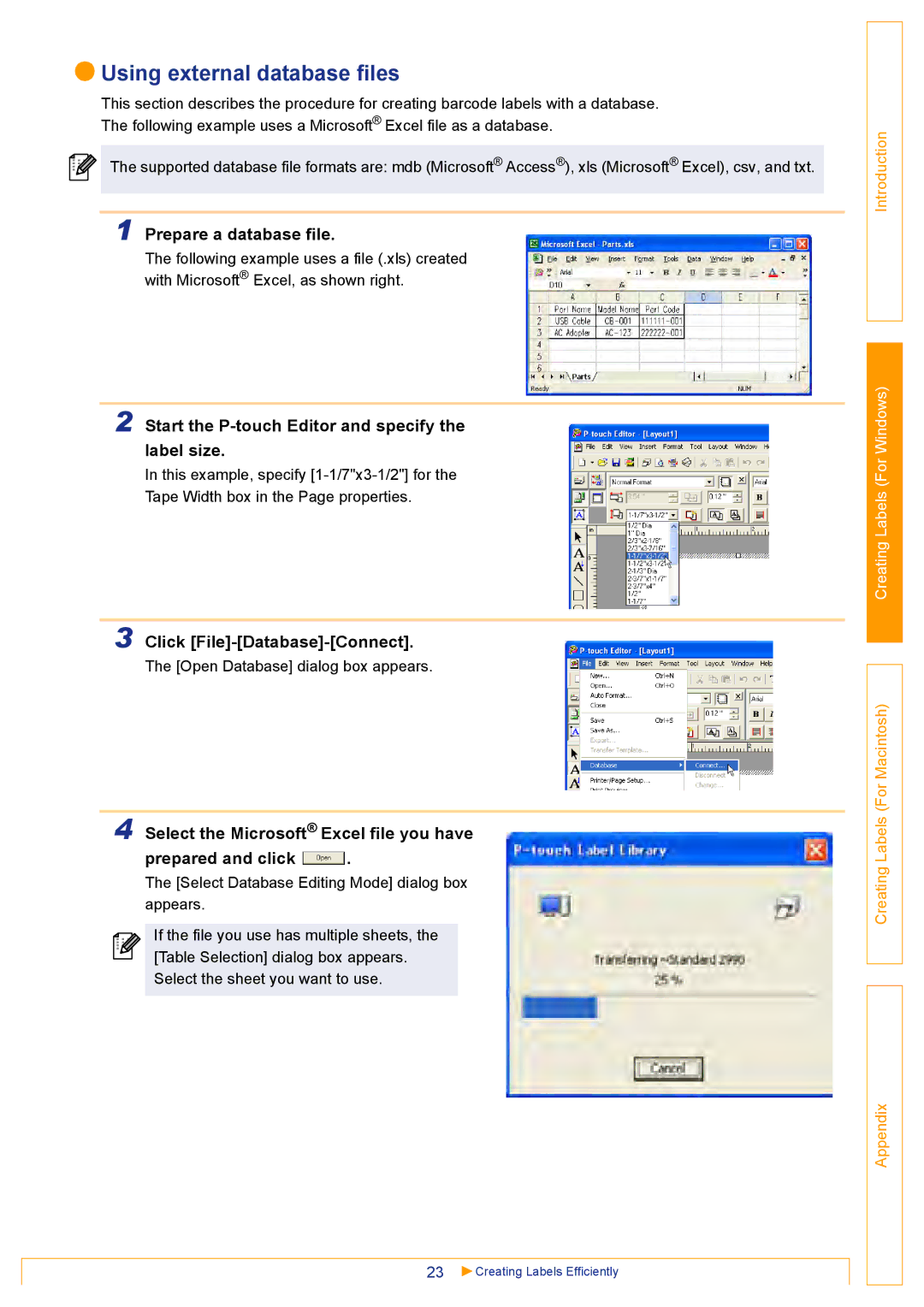 Brother QL500 Using external database files, Prepare a database file, Start the P-touch Editor and specify the label size 