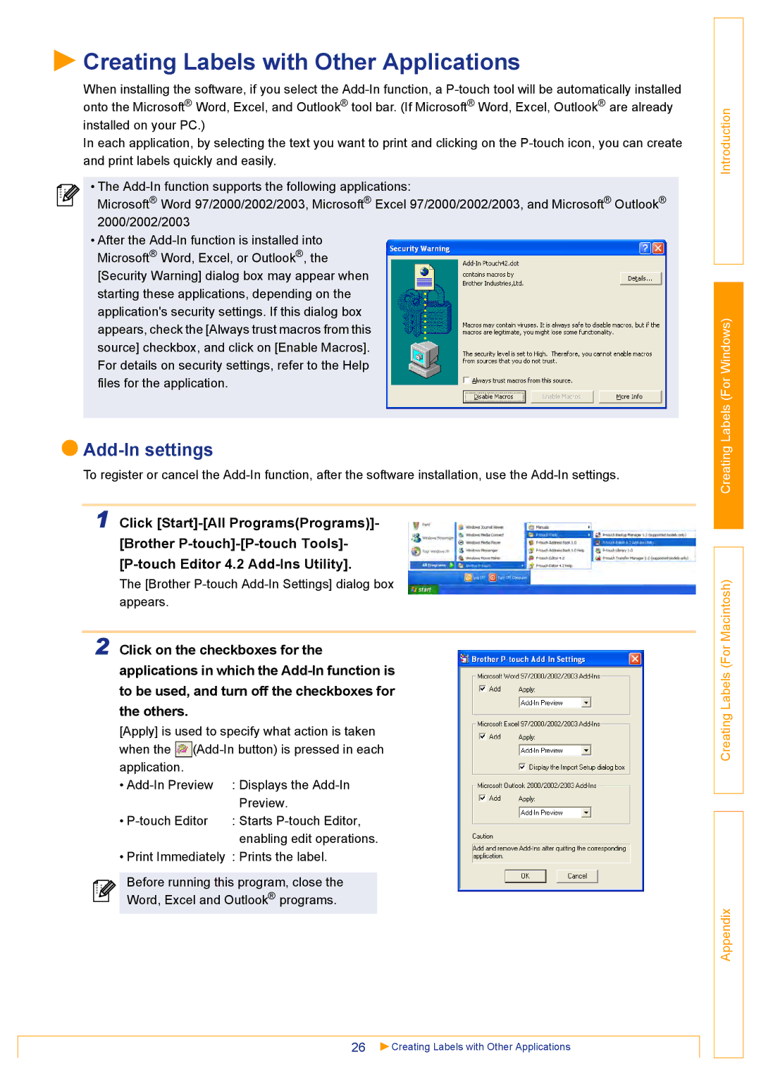 Brother QL500 manual Creating Labels with Other Applications, Add-In settings 