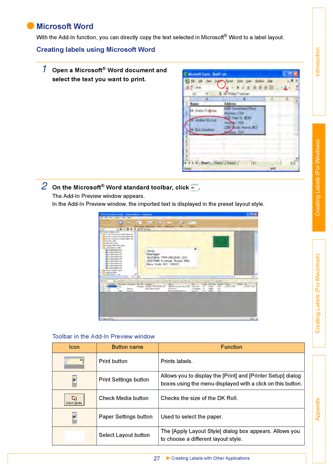 Brother QL500 manual Creating labels using Microsoft Word, Toolbar in the Add-In Preview window 