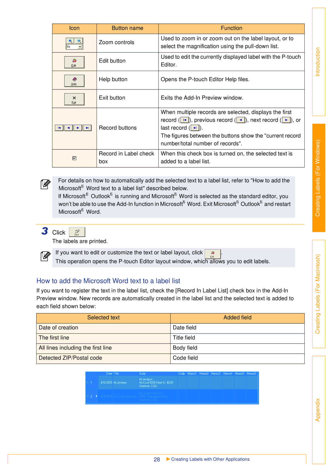 Brother QL500 manual How to add the Microsoft Word text to a label list, Click 