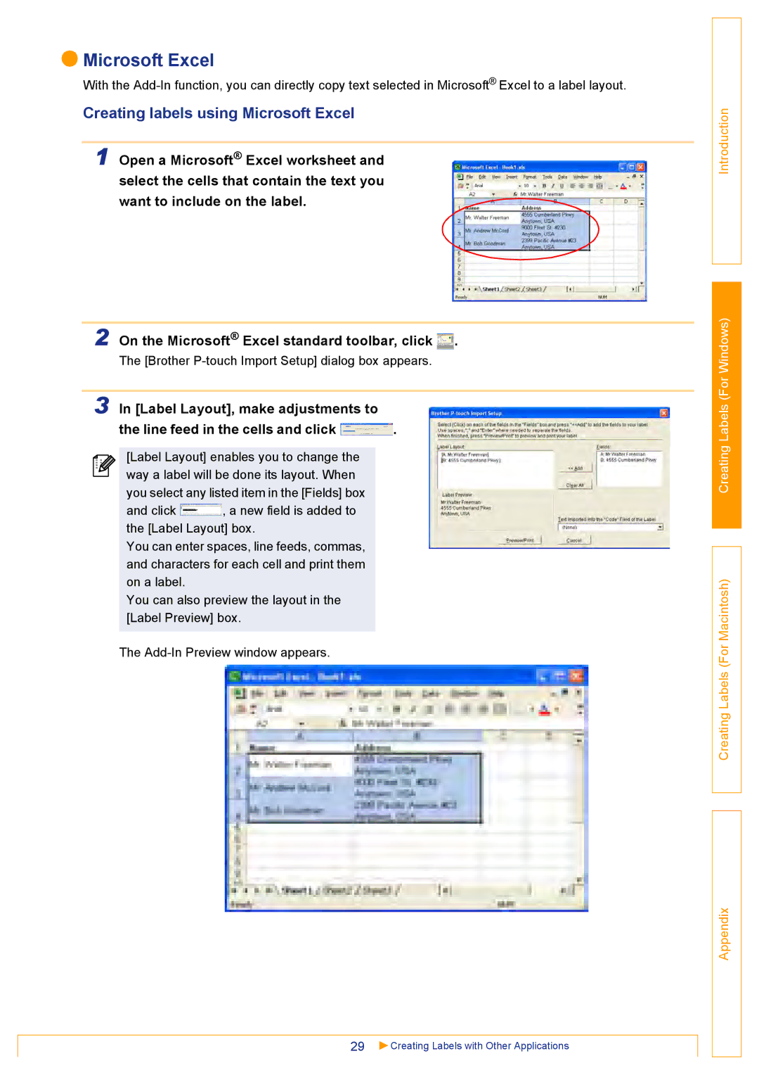 Brother QL500 manual Creating labels using Microsoft Excel 