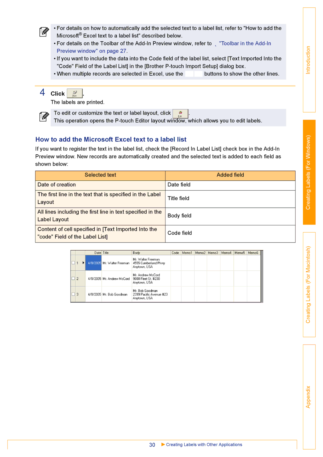 Brother QL500 manual How to add the Microsoft Excel text to a label list 