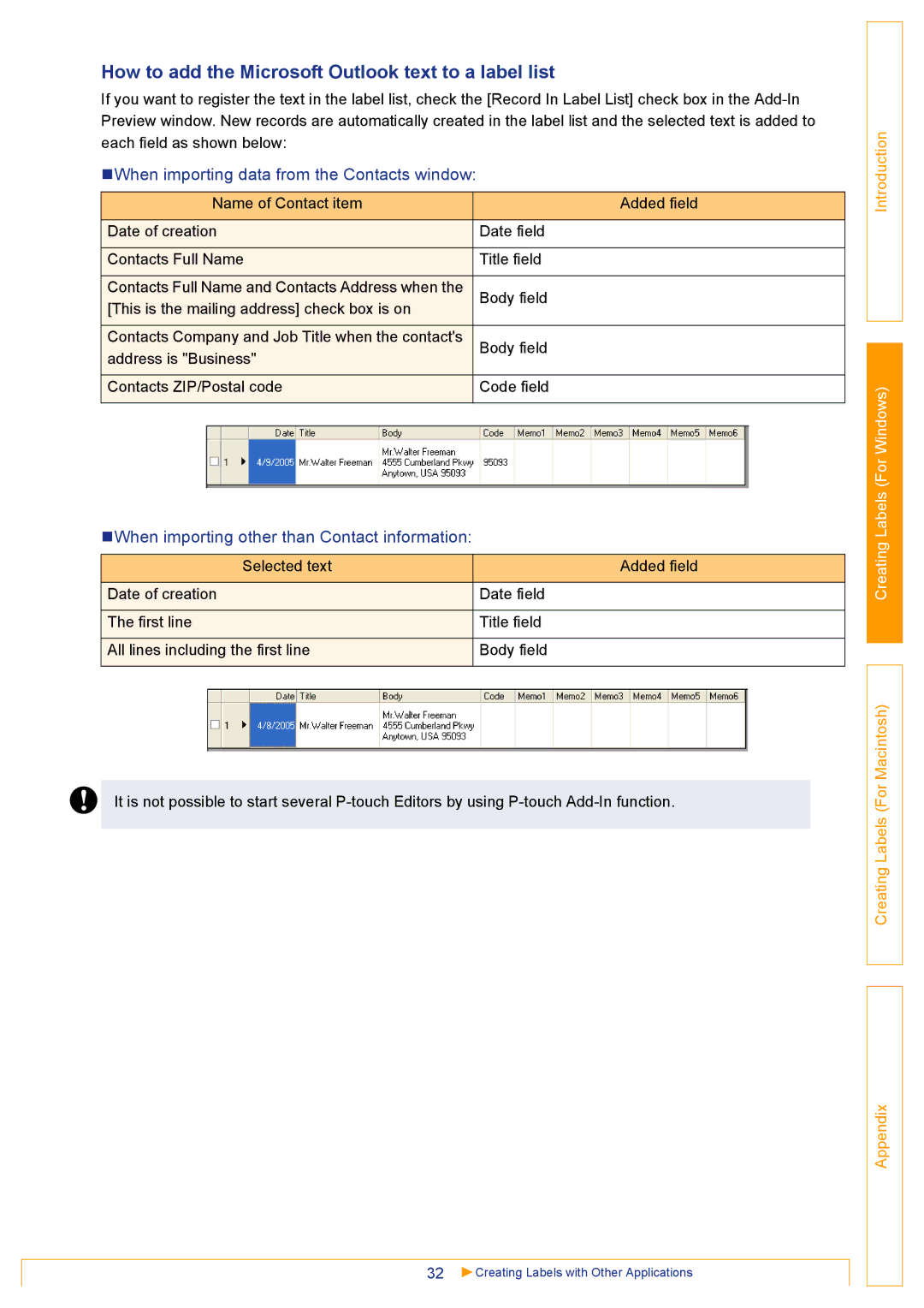 Brother QL500 manual How to add the Microsoft Outlook text to a label list, „When importing data from the Contacts window 