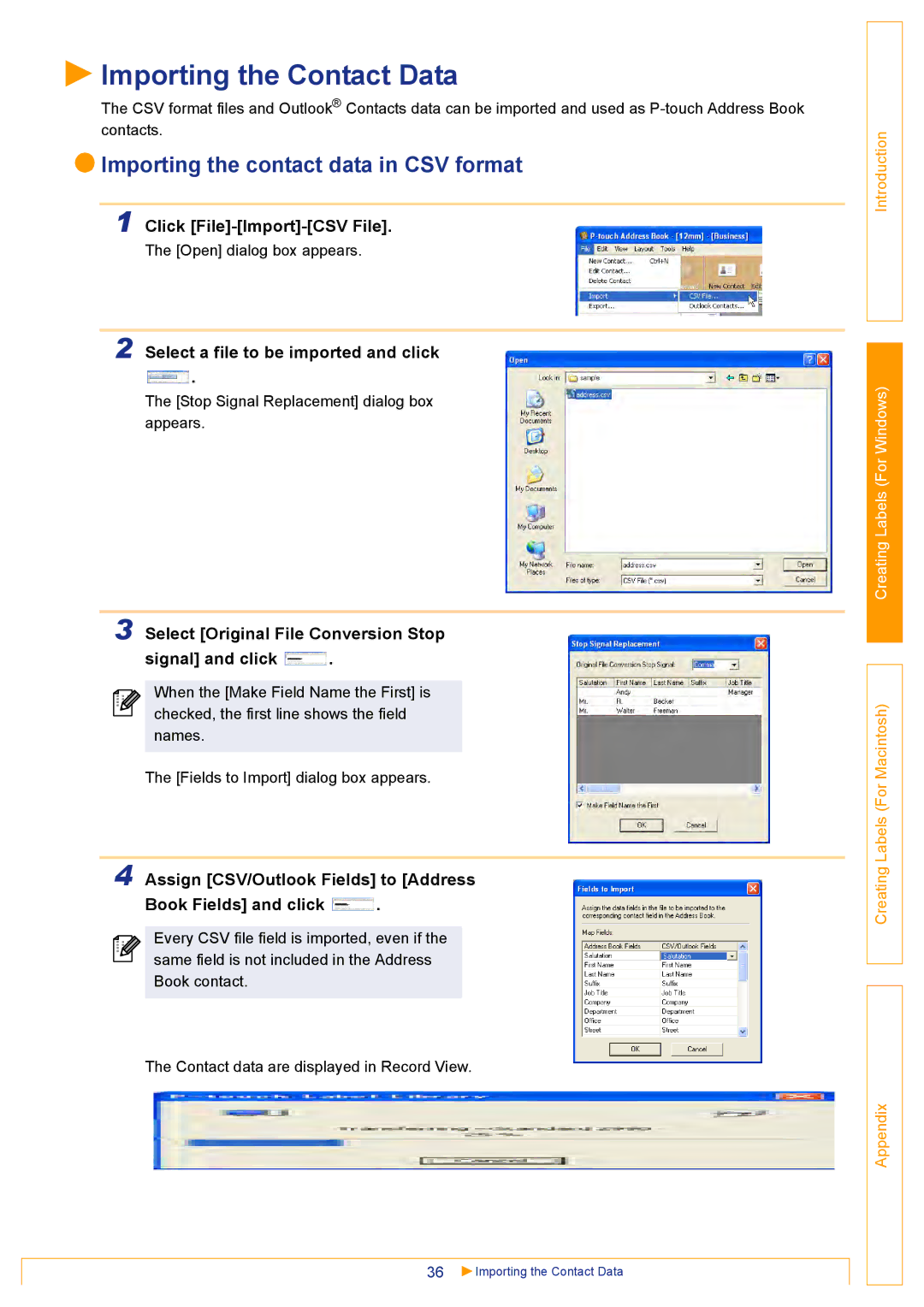 Brother QL500 manual Importing the Contact Data, Importing the contact data in CSV format 