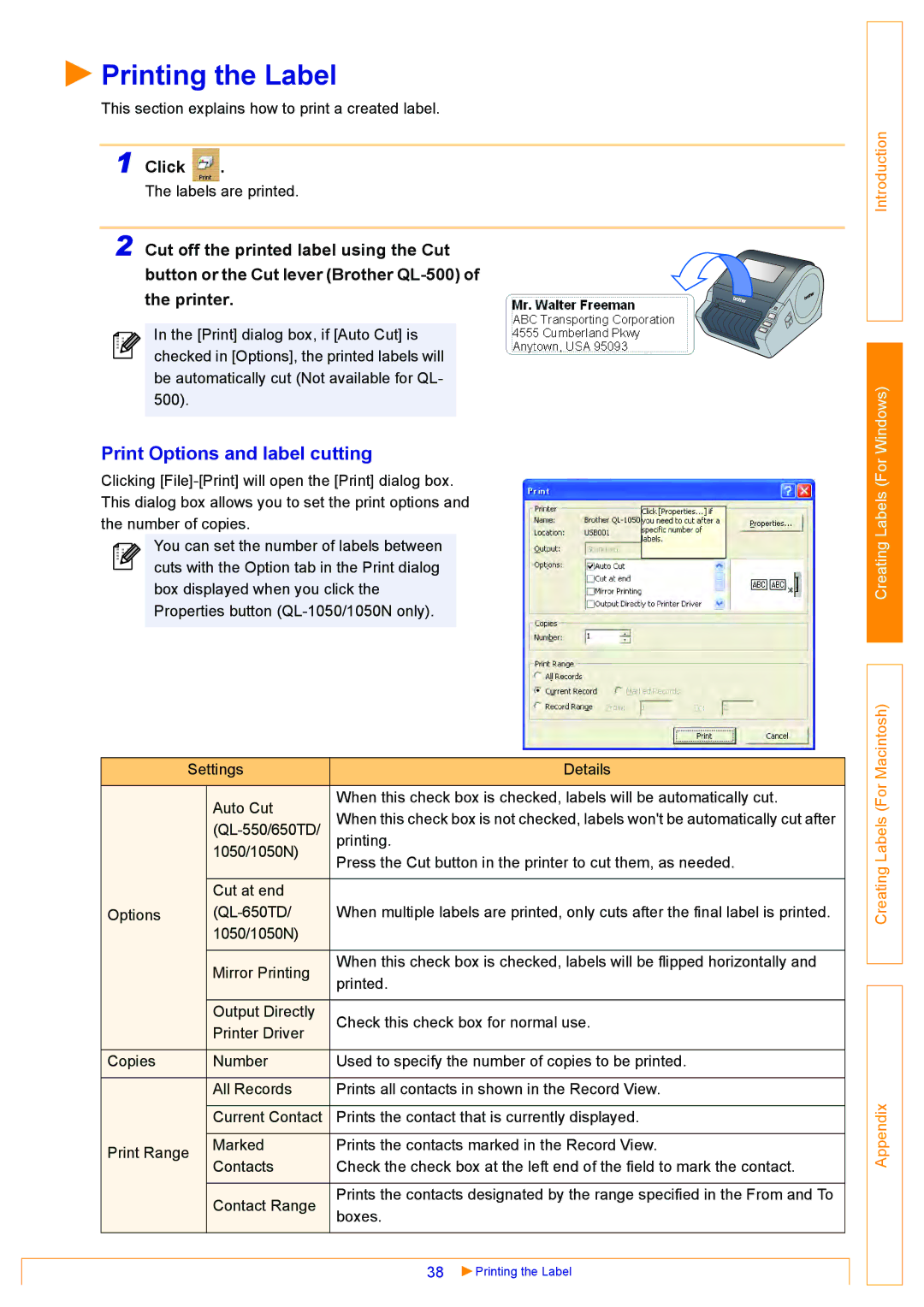 Brother QL500 manual Printing the Label, Print Options and label cutting 