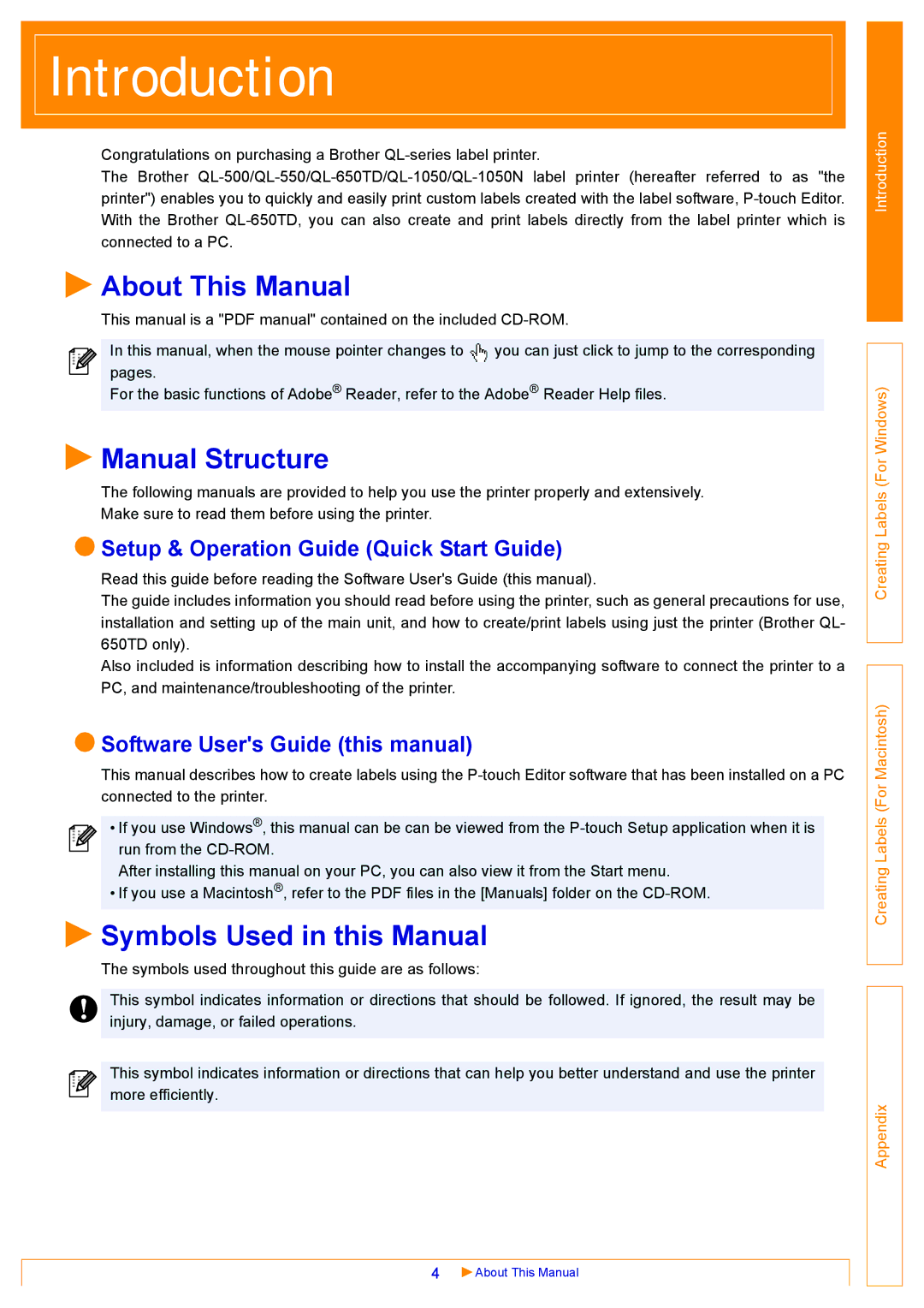 Brother QL500 About This Manual, Manual Structure, Symbols Used in this Manual, Setup & Operation Guide Quick Start Guide 