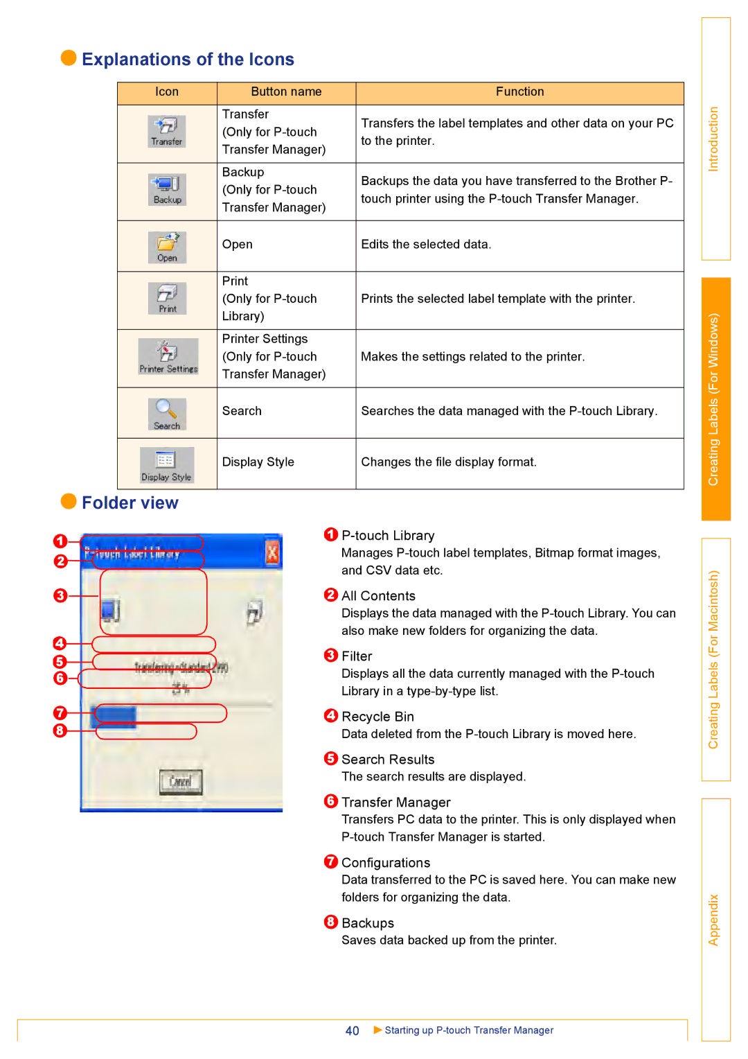 Brother QL500 manual Explanations of the Icons, Folder view 