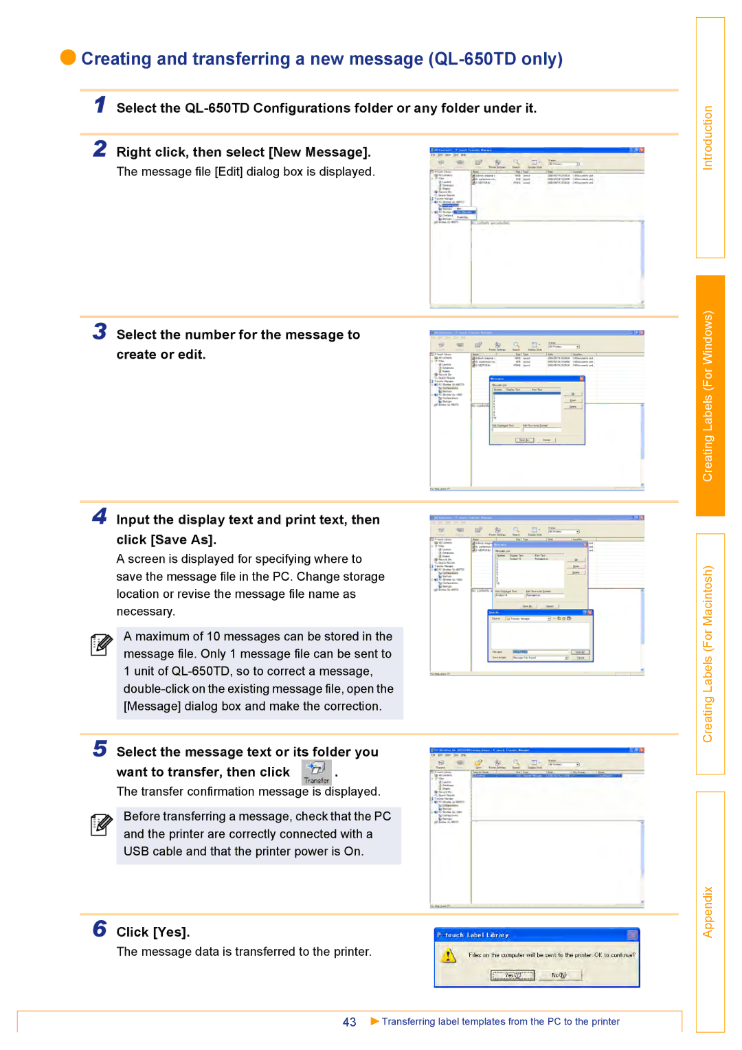 Brother QL500 manual Creating and transferring a new message QL-650TD only 