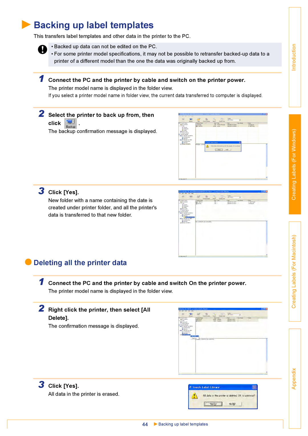 Brother QL500 Backing up label templates, Deleting all the printer data, Select the printer to back up from, then Click 