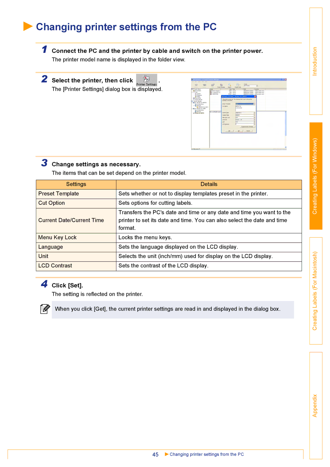 Brother QL500 manual Changing printer settings from the PC, Select the printer, then click, Change settings as necessary 