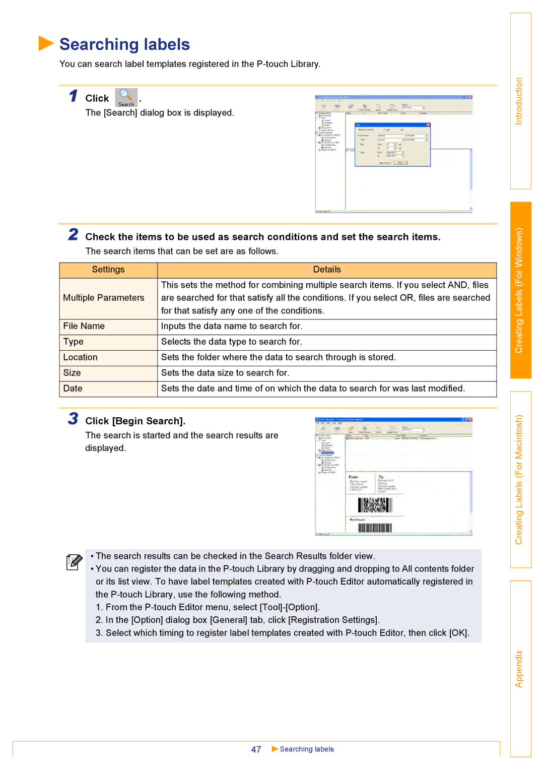 Brother QL500 manual Searching labels, Click Begin Search 