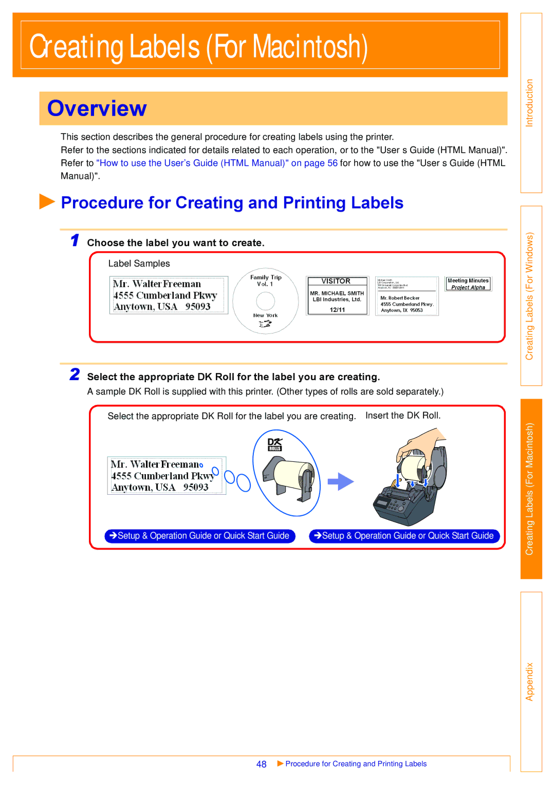 Brother QL500 manual Overview, Procedure for Creating and Printing Labels, Choose the label you want to create 