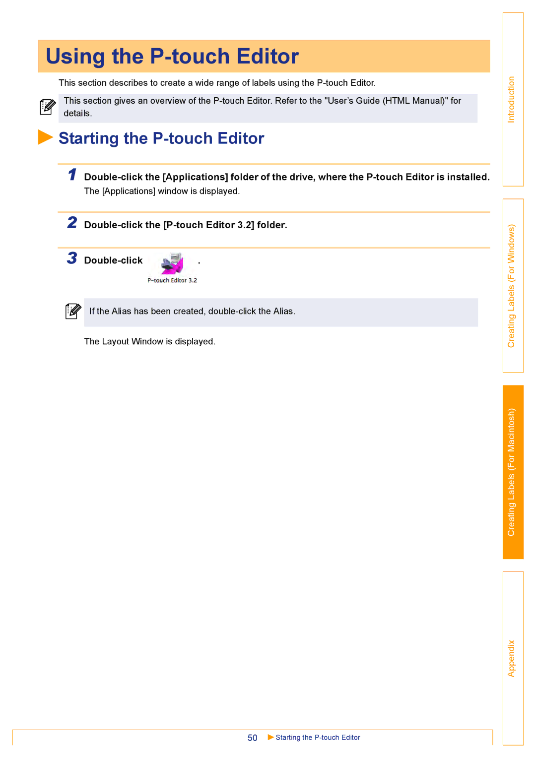 Brother QL500 manual Using the P-touch Editor, Starting the P-touch Editor, Double-click the P-touch Editor 3.2 folder 